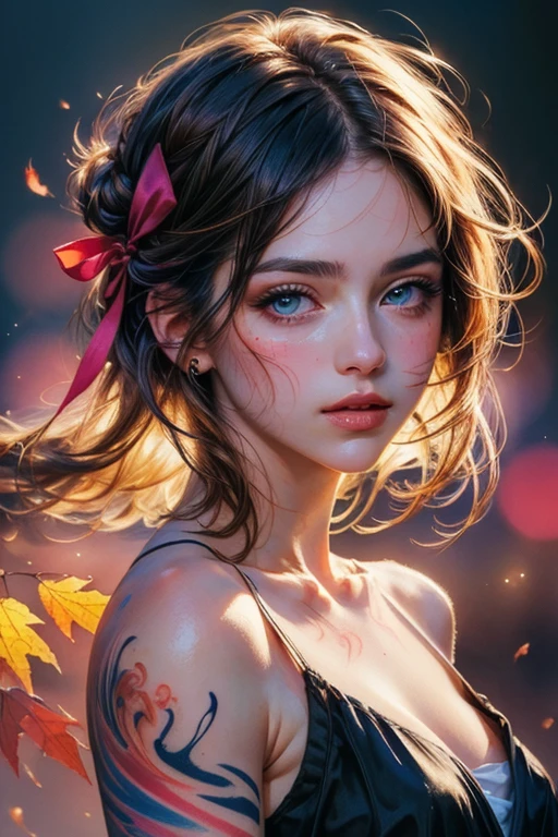 (8k, best quality, masterpiece:1.2),(best quality:1.0), (ultra highres:1.0), watercolor, a beautiful woman, shoulder, hair ribbons, by agnes cecile, half body portrait, extremely luminous bright design, pastel colors, (ink:1.3), autumn lights