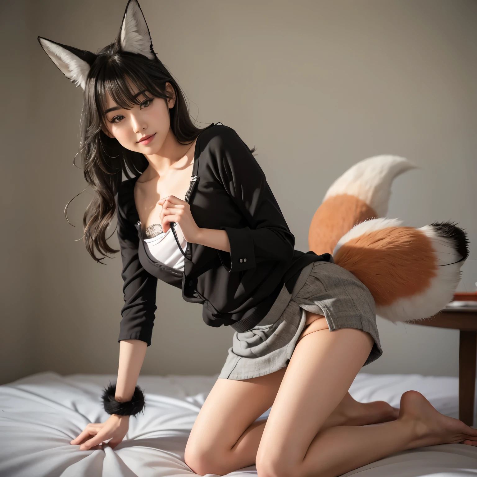 (masterpiece), best quality, perfect features, high detail, expressive eyes, (((1girl))), ((On the bed, there was a pretty woman sleeping. She had dog ears and split color white and black hair, and a fluffy dog tail.