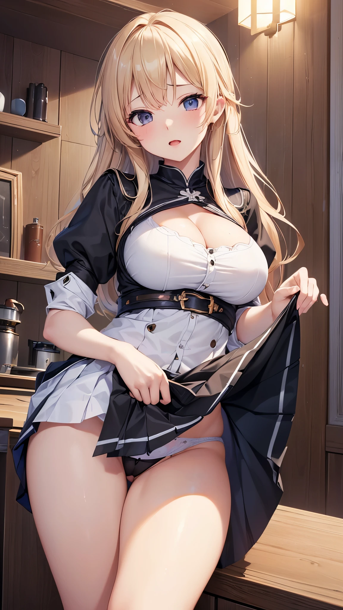 ((highest quality、High resolution、Highly detailed CG Unity 8K wallpaper))、detailed face、perfect body、unparalleled beauty、beautiful breasts、spread your legs wide、((She lifts up her skirt and shows her panties、sexy expression))