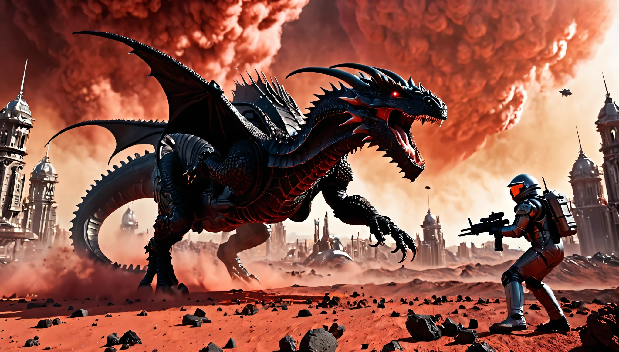 cinematic scene, hiperrealism, a black dragon attacks a spaceship, people in spacesuits shoot at him from blasters, beams from blasters are visible aimed at the dragon, on the surface of a terrible planet, action pose, in the background another large spaceship, an epic scene, battle, war, a mystical Martian city in the steampunk style is visible, even further away unusual inhabitants, a mystical environment, sky shrouded in red dust and black smoke, realistic photo, ultra-detailed backgrounds, ultra-high resolution, ultra-high quality.