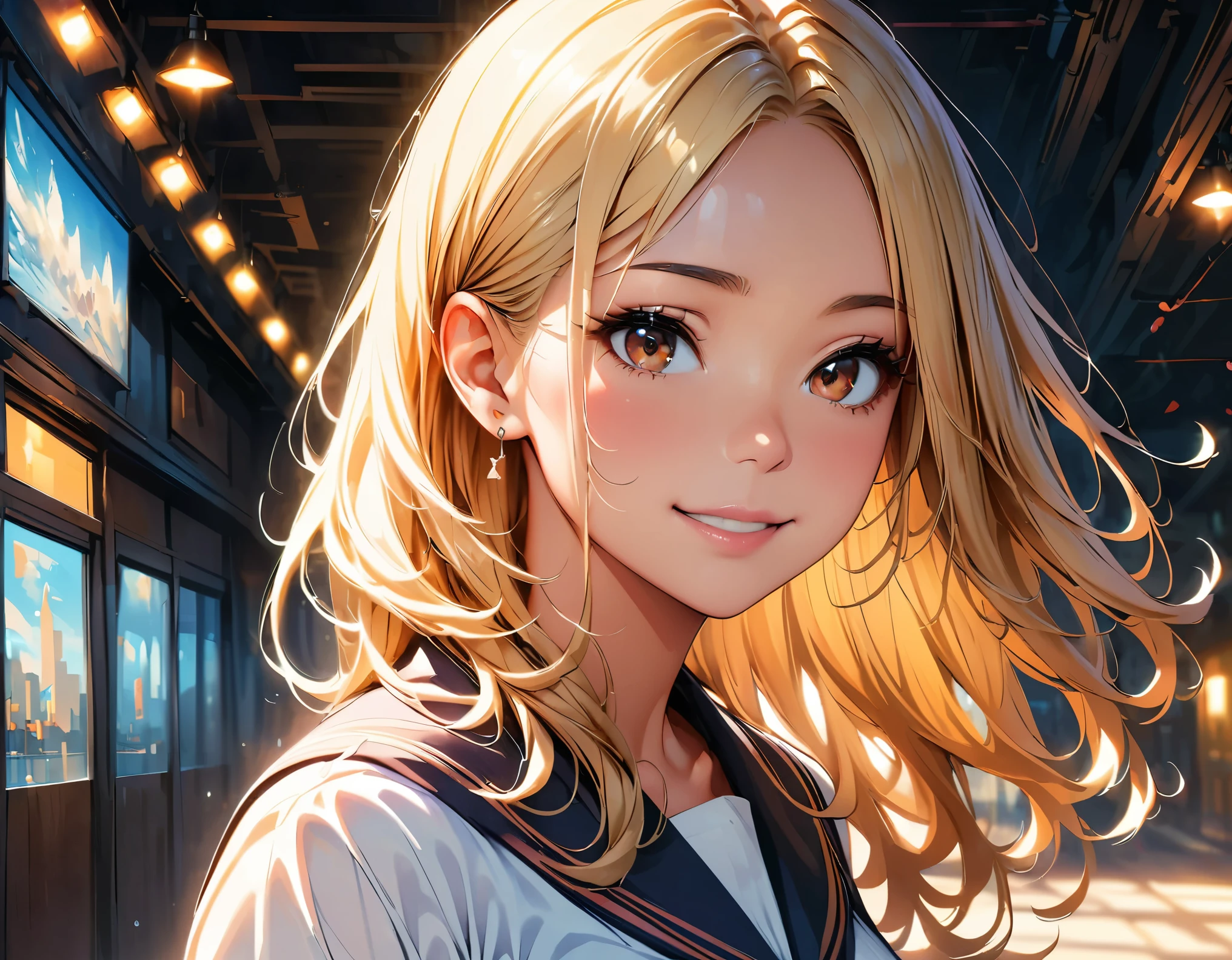 (highest quality, 4k, High resolution, masterpiece:1.2), Super detailed, (real, photorealistic:1.37), cinematic light, Bright colors and mesmerizing effects, Soft and delicate lighting, gentle shine, Lens flare, Beautiful and gentle atmosphere throughout the scene, 1 woman, JK, (blonde, long straight, reddish brown eyes), happy expression, ((Super detailedな顔, lip details, detailed eyes, double eyelid)), turn around, stick out your butt:1.5, black socks, cowboy shot, school uniform, girls , shiny skin, perfect fingers, five fingers, anatomically correct, background bokeh, 500㎜, f/4, photo shoot,