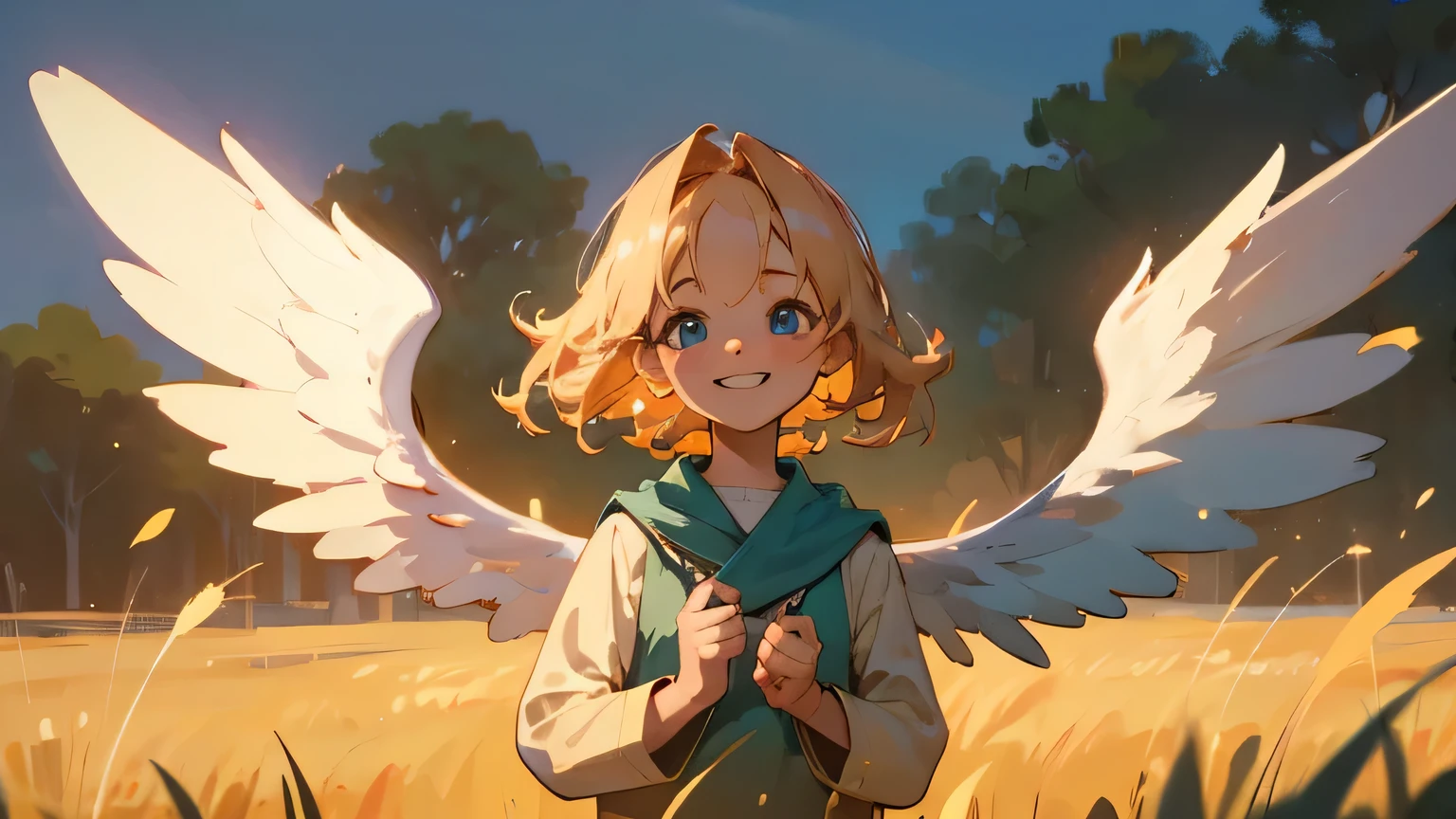 (best quality,4k,8k,highres,masterpiece:1.2),ultra-detailed,realistic,photorealistic:1.37,little boy,big blue eyes,blond hair,slightly wavy hair,short hair,cute,smiling,angel wings,soft lighting,vivid colors,fantasy portrait,playful expression,innocent face,natural outdoor scenery,green grass,sunlit field,gentle breeze,magical atmosphere,joyful mood,mischievous grin,sparkling eyes,lovely little angel,bright and cheerful scene,whimsical touch,endearing charm,serene background,peaceful surrounding,warm and inviting,wonderful childhood moments.