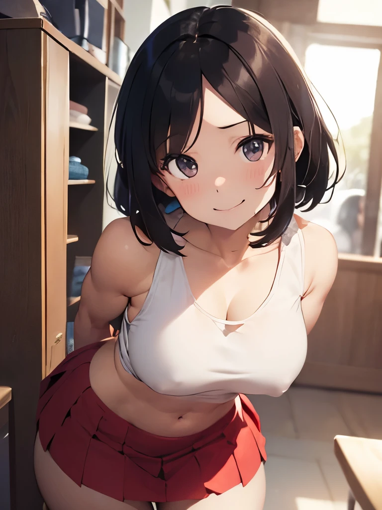 (best quality: 1.2), (masterpiece, best quality, ultra high res, 8k, perfect anatomy, extremely detailed), (extremely detailed CG unity), (1lady), solo, (abs:0.8),(27 years old:1.5),(black eyes),(dark brown hair), (bob cut), (medium breasts:1.3),(Navel exposed:1.3),full-face blush,face is turning red, (thick thighs:1.4),((collarbone)),(muscular shoulder:1.5),(white tank top:1.2), BREAK (red skirt:1.1),(smile:1.1),(huge areola),(erection of nipple:1.0),(ecstasy:1.3), upward glance,(Forehead:1.4), impossible clothe,(leaning forward:1.2),dynamic angle, (arm behind back:1.2)