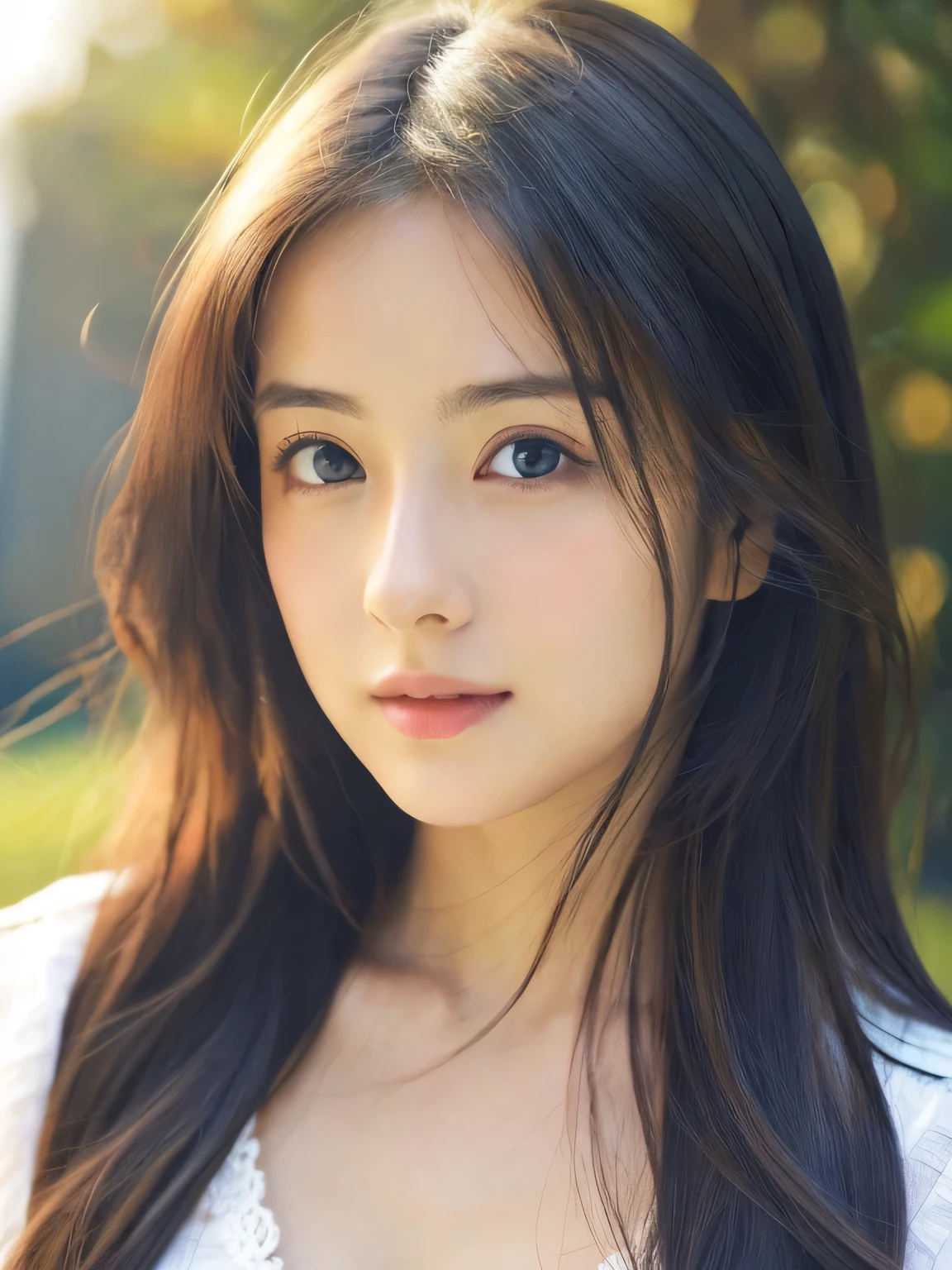 (((32k,high details,high detail、masterpiece,attention to detail,alone))),Raw photo & realistic atmosphere,beautiful dark blue eyes,detailed mouth,glossy lips,thin eyebrows,fine eyes、Soft white skin that shines in every detail、sheの深い黒色の目はとても美しいです,lip details、very beautiful face,very well-shaped face、lifelike face,shining beautiful lips,beautiful eyebrows,infinite reality, Realistic young gravure idol,she'she'she'she'she'she'very cute woman , young gravure idol, young gravure idol, とても美しくてかわいい21-year-old beautiful girl,incredibly beautiful and classy,21-year-old beautiful girl,natural soft light,(shiny hair,,Beautiful and kind eyes:1.5),gentle smile,well-shaped chest,medium long hair,tie hair,beautiful posture,no makeup,think ahead,Upper body,from the waist up