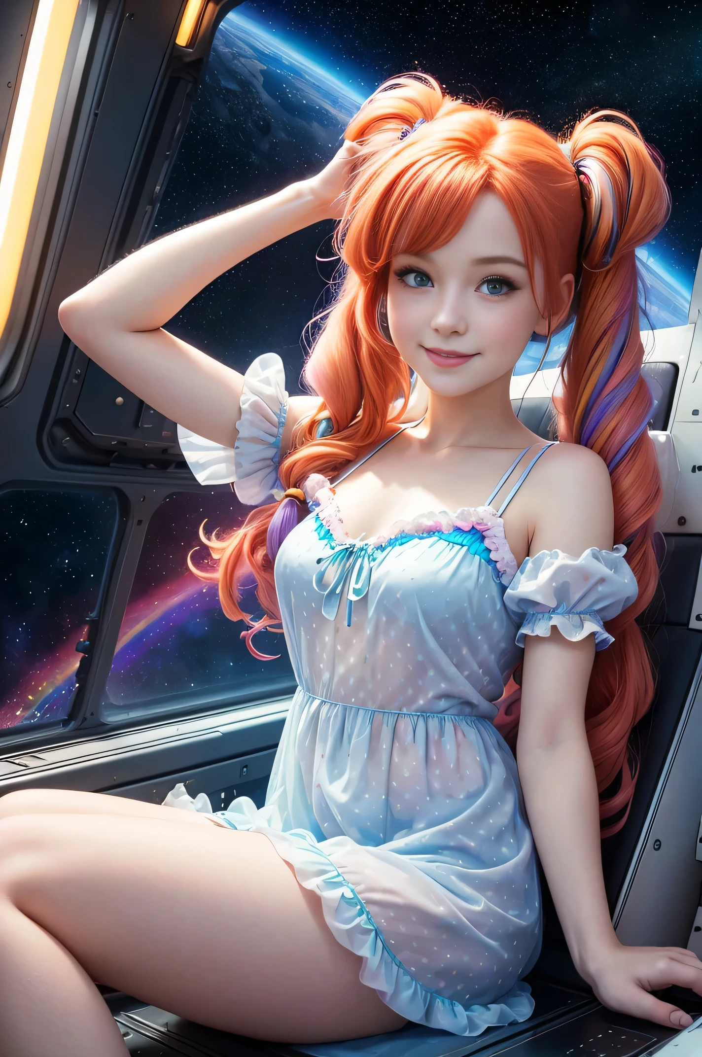 chemise(overhead view) Cute redhead with rainbow colored hair tips, ribbons in her hair, 18-year-old woman, happy, smiling, in twin tails, perfect eyes, clear sparkling blue eyes, pale skin, silky smooth white skin, alabaster skin, flying a fancy metal luxurious space ship, futuristic cockpit, she's a pilot, outer space seen in windows, dark warm lighting, wearing a futuristic silk body suit, low cut top (chemise), (pastel rainbow colors, and polka dots), puffy sleeves silk.