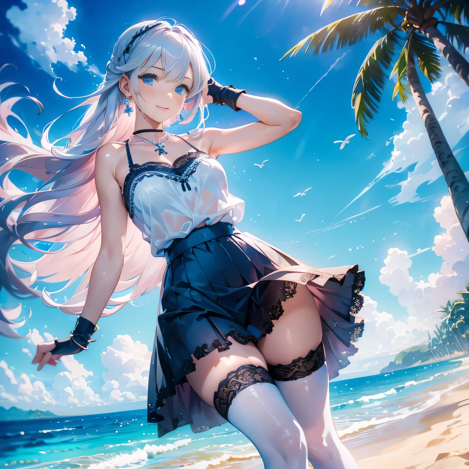 Low - Angle,from below,very the wind is strong,skirt lift,panty shot
(1 girl), ((masterpiece, highest resolution,highest quality)), (beautiful illustrations),(Beautiful silver pink semi-long hair),(beautiful blue eyes), (White elegant see-through camisole), (looking at the viewer),
innocent smile, white over knee high,lace chalk, Wristband, fingerless gloves, over knee high,
lace chalk, diamond necklace,Wristband, fingerless gloves, earrings, the wind is strong,cinematic lighting, beach, sand, blue sky, Wave, Palm tree,