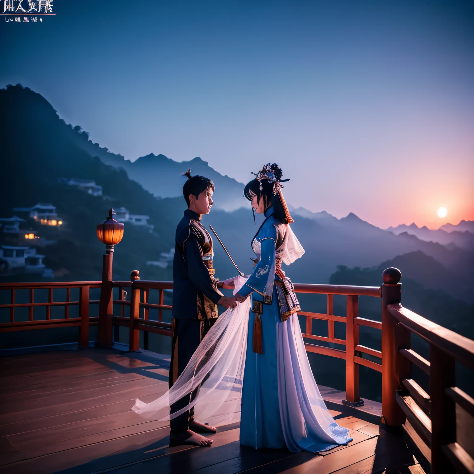 (((highest quality))),(((super detailed))),(((masterpiece))),figure,1 man,1 female,swordsman,Woman warrior,traditional chinese costume,Are standing,ink style,martial arts,Pause,rooftop,moonlight,night,background,ancient chinese architecture,Foggy Mountain々,silhouette,Silence--ar 16:9 Nude