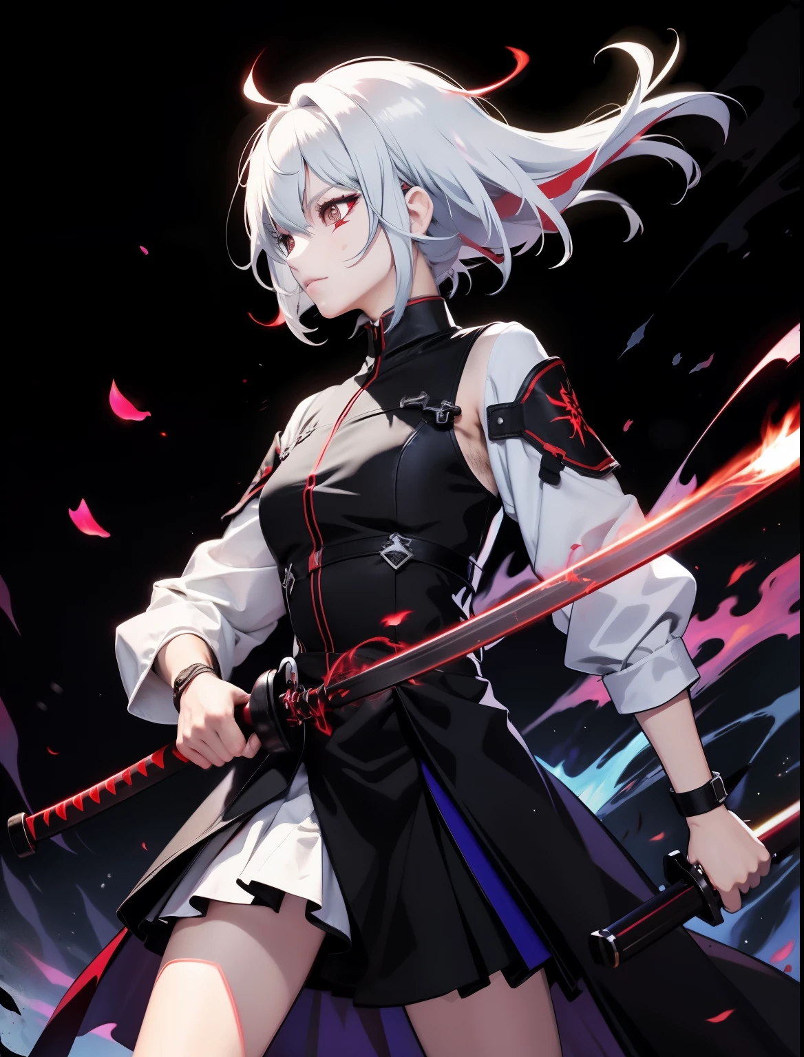 anime girl with blue eyes holding a sword and sword, demon slayer rui fanart, holding a sword on his shoulder, Arte Zerochan, 2b, 2 second, Katanas tied to his back, Gapmoe Yandere Grimdark, rogue anime girl ayanami rei, with glowing red eyes, female protagonist 👀 :sword piercing his body, White hair, hd quality 