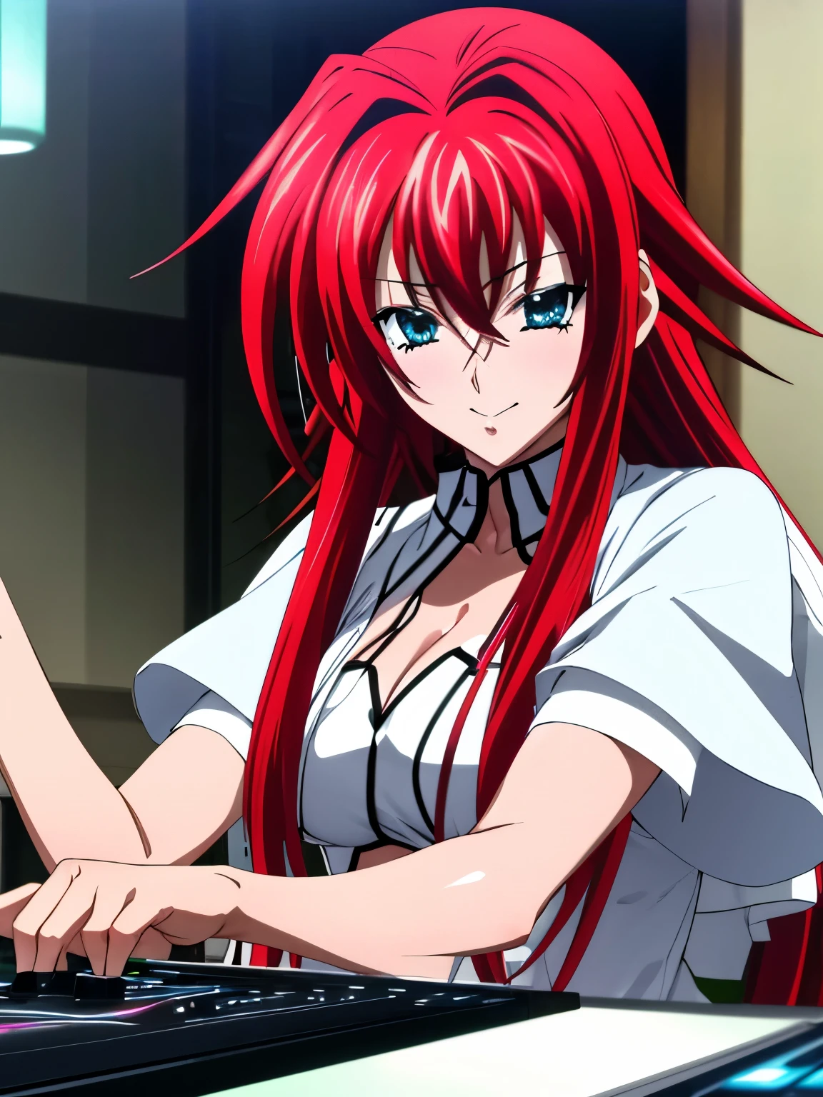 Make Rias Gremory a futuristic DJ This DJ should be wearing silver robotic clothing This DJ should be playing in Miami He&#39;s playing to a lot of people who are dancing Ultra-realistic photo, calidad 8k, full HD