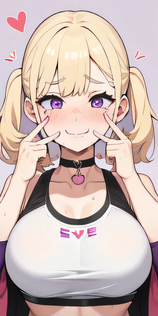 1 girl,heart-shaped pupils,nail,put your hand on your face,blonde,purple eyes,(blush:1.1),choker,Upper body,trembling,Sweat,Sweatdrop,heart,(speed line:1.1),medium breasts, ((heavy breathing:1.3)), like, heart, crop top, Happy, smiling big tits shaved undressed