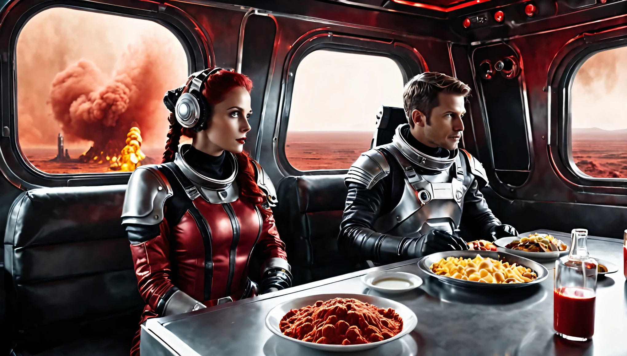 cinematic scene, hiperrealism, view from the side, a man and a woman in space suits are sitting opposite each other in the starship buffet at a table on which there is food and drinks, their tense faces express love and hope, war, a mystical Martian city in the steampunk style is visible, even further away unusual inhabitants, a mystical environment, sky shrouded in red dust and black smoke, realistic photo, ultra-detailed backgrounds, ultra-high resolution, ultra-high quality.