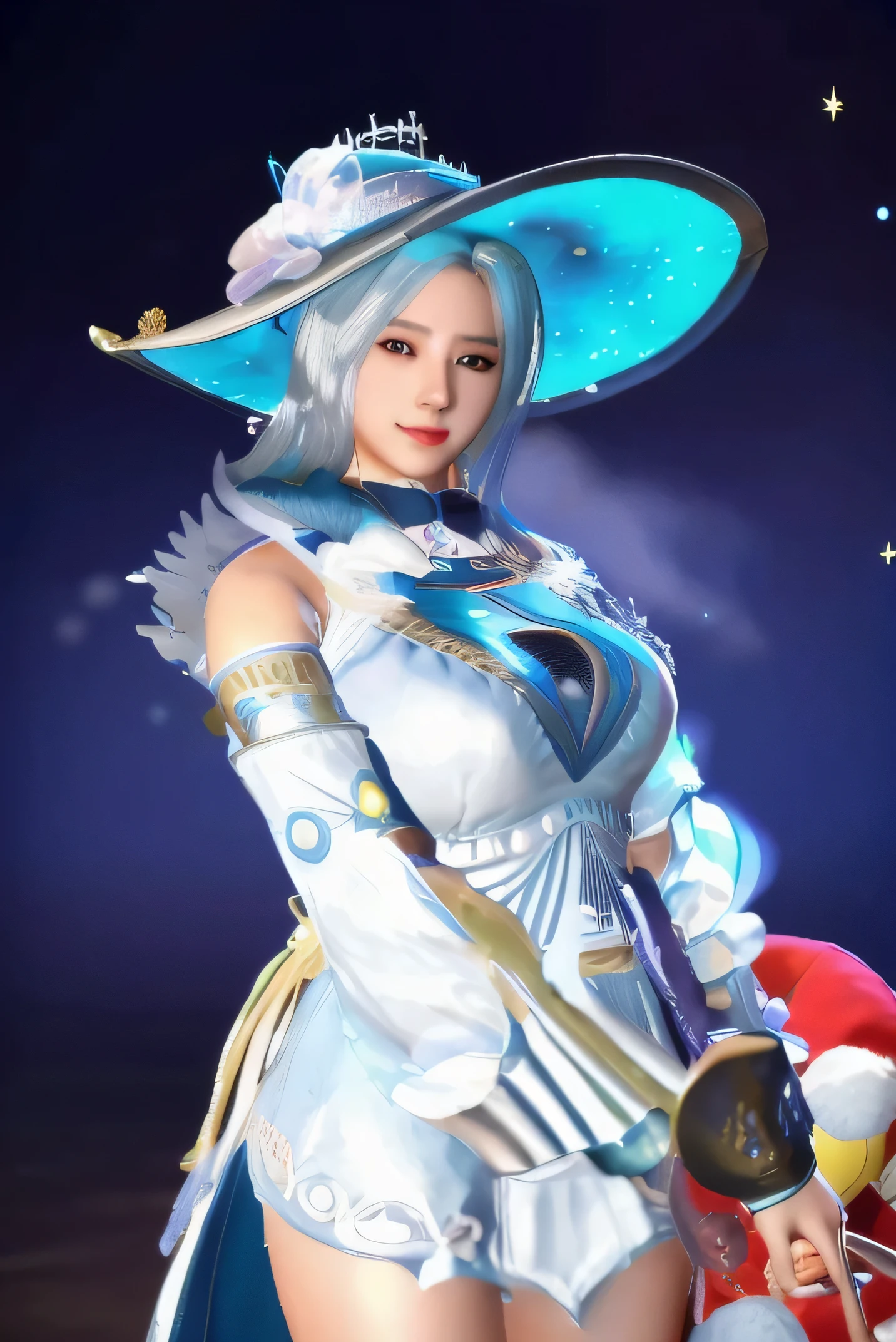 a close up of a person wearing a hat and holding a toy, lunar themed attire, portrait knights of zodiac girl, knights of zodiac girl, ashe, as a character in tekken, seraphine ahri kda, inspired by Leng Mei, katana zero video game character, beautiful celestial mage, fighting game character, costume with blue accents, kda