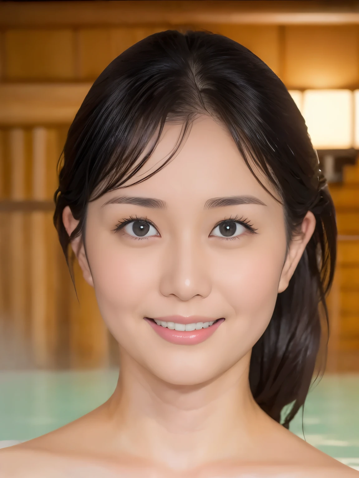 (((MHHS))), (((manami hashimoto in hot spring))), perfect anatomy, (((1girl))), Masterpiece:1.3, Best Quality:1.3, Ultra-realistic capture, Highly detailed, High resolution 16k, natural white skin, (((bath in a hot spring, onsen))), ((skin glossy, Wet skin)), (((looking at viewer)))((can see Mt. Fuji in the distance)), ((warm smile)), ((close up of face)), (((face zoom:1.7))), ((close up)), (((face up, beautiful, sexy))), (((closer to LoRA's face:1.5))), ((warm smile))