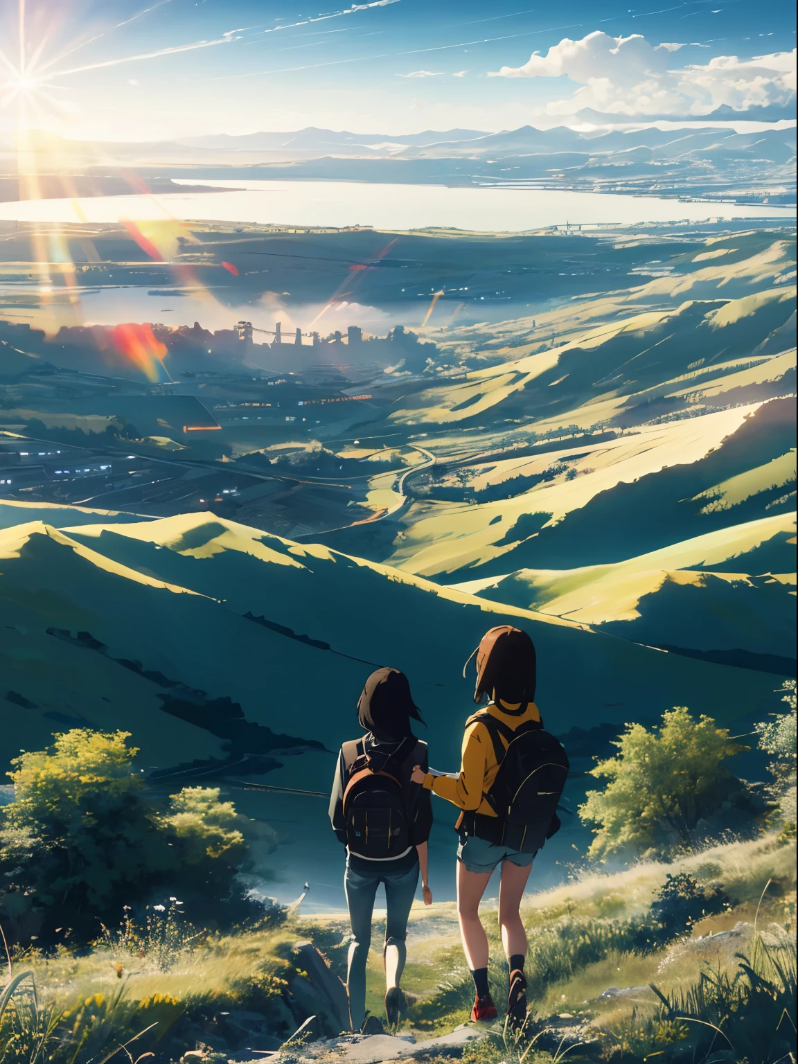 vast sky, beautiful skyline, wide grassland, A very tense and dramatic photo, moving visual effects, Polaris in extreme difficulty, colorful natural light and. long sleeve tops, denim shorts, and a girl with a backpack.