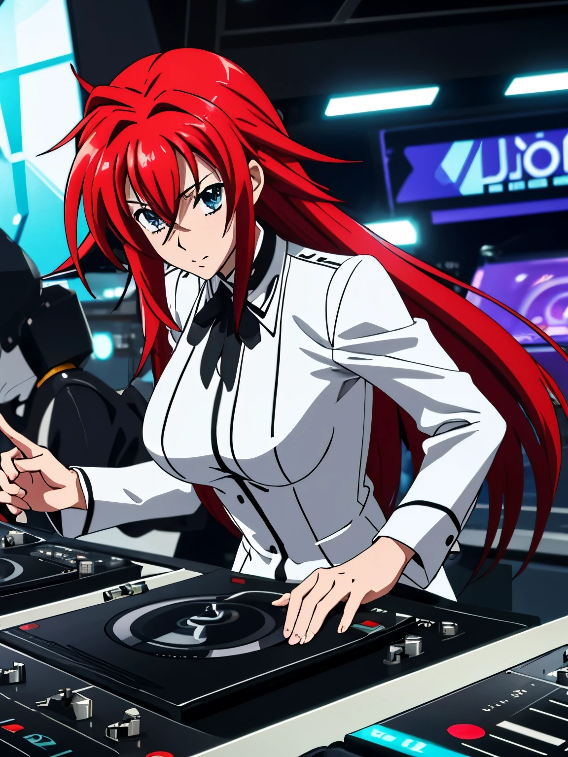 Make Rias Gremory a futuristic DJ This DJ should be wearing silver robotic clothing This DJ should be playing in Miami He&#39;s playing to a lot of people who are dancing Ultra-realistic photo, calidad 8k, full HD