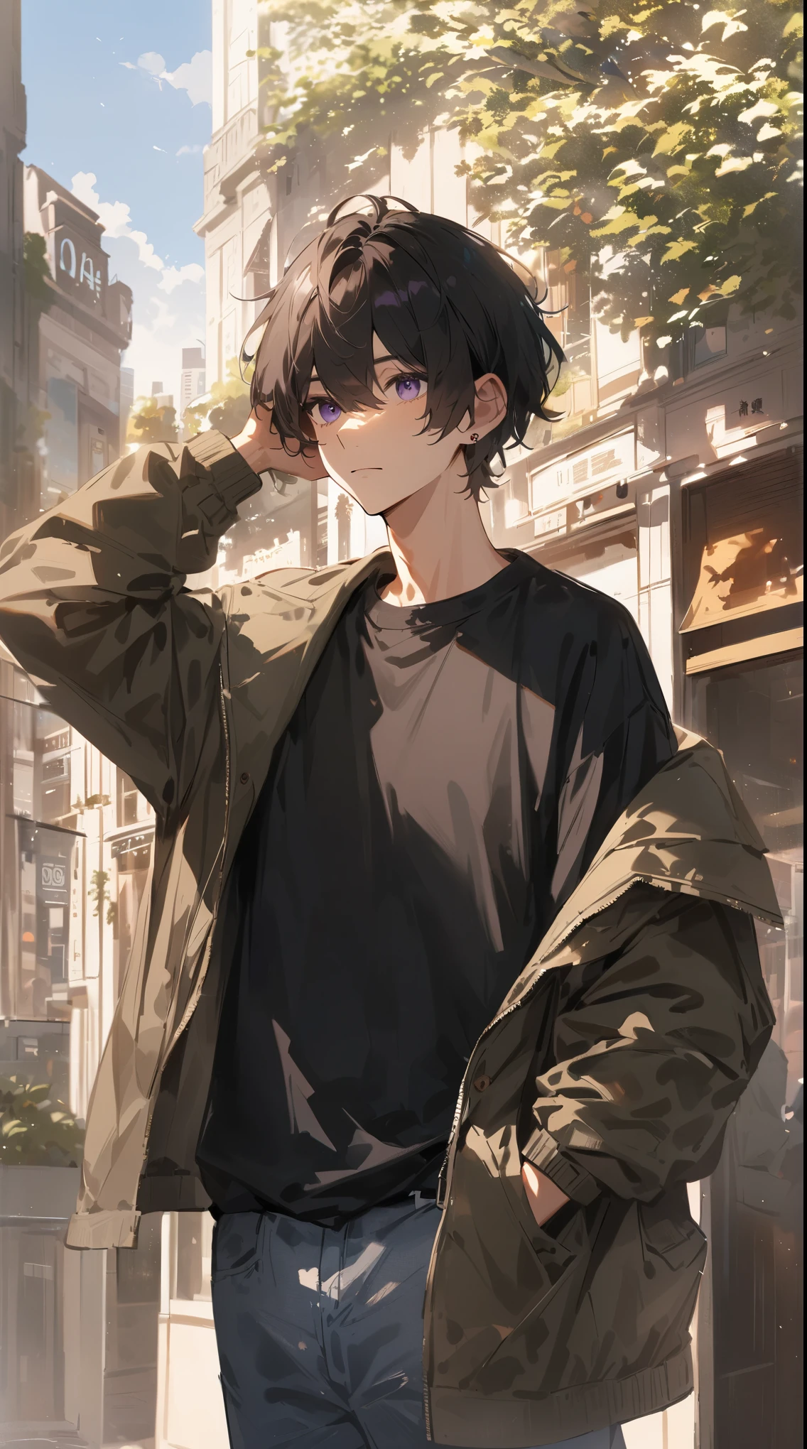Beautiful young man, dark hair, purple eyes, window shopping, fashionable and casual clothes, looking at show windows, city,high quality, amount of drawing, pixiv illustration