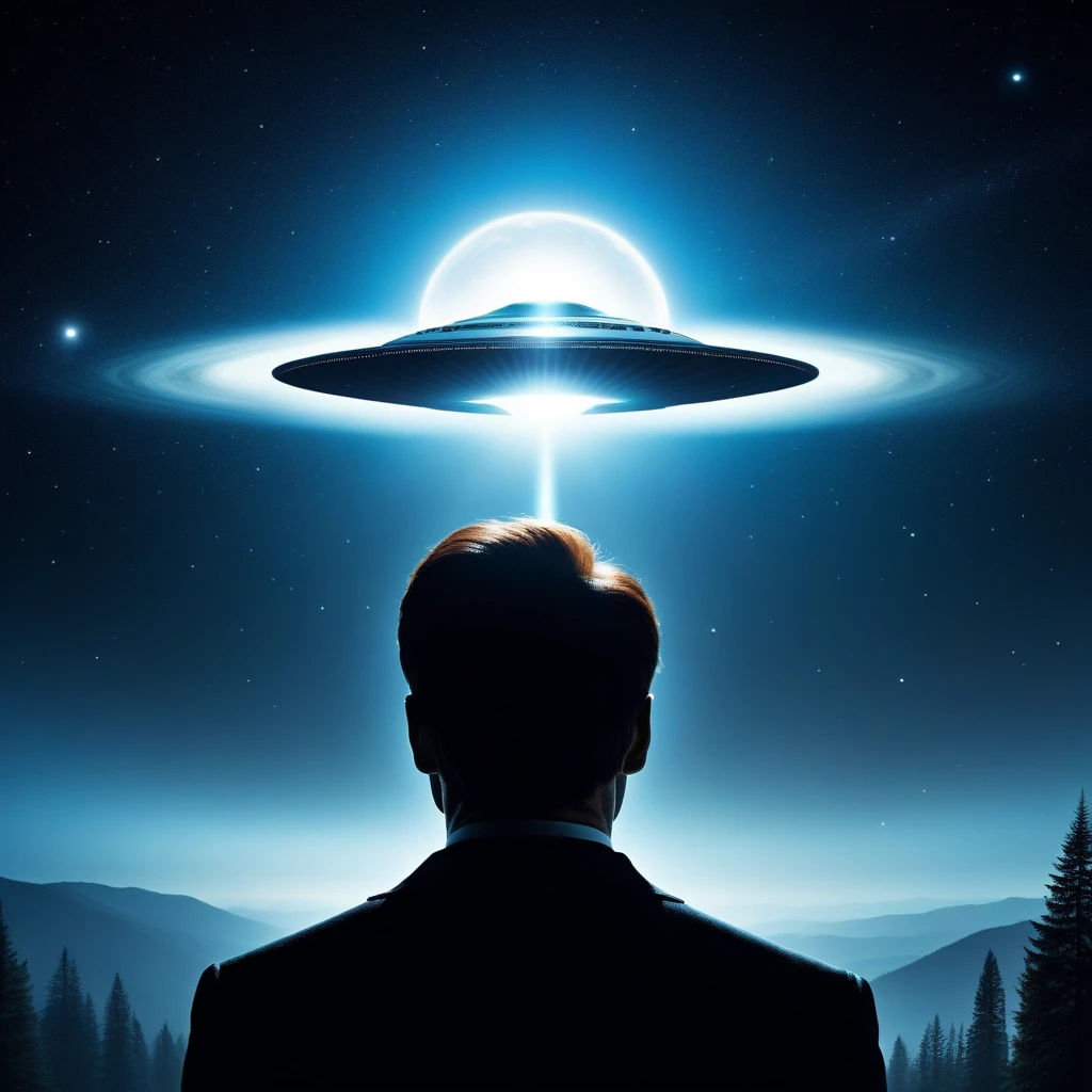 Unveil a surreal double-exposure artwork, featuring an enigmatic silhouette of David Duchovny as Mulder from The X-Files, his gaze piercing into infinity in the relative murk of darkness, contrasted by a colossal, pulsating UFO hovering on the horizon of a star-speckled night sky. Skillfully embedded within the expanse of this celestial spectacle are alien faces, their monst, with the caliber of 8k artistic photography. High Resolution, High Quality, Masterpiece. best quality, masterpiece, super detail