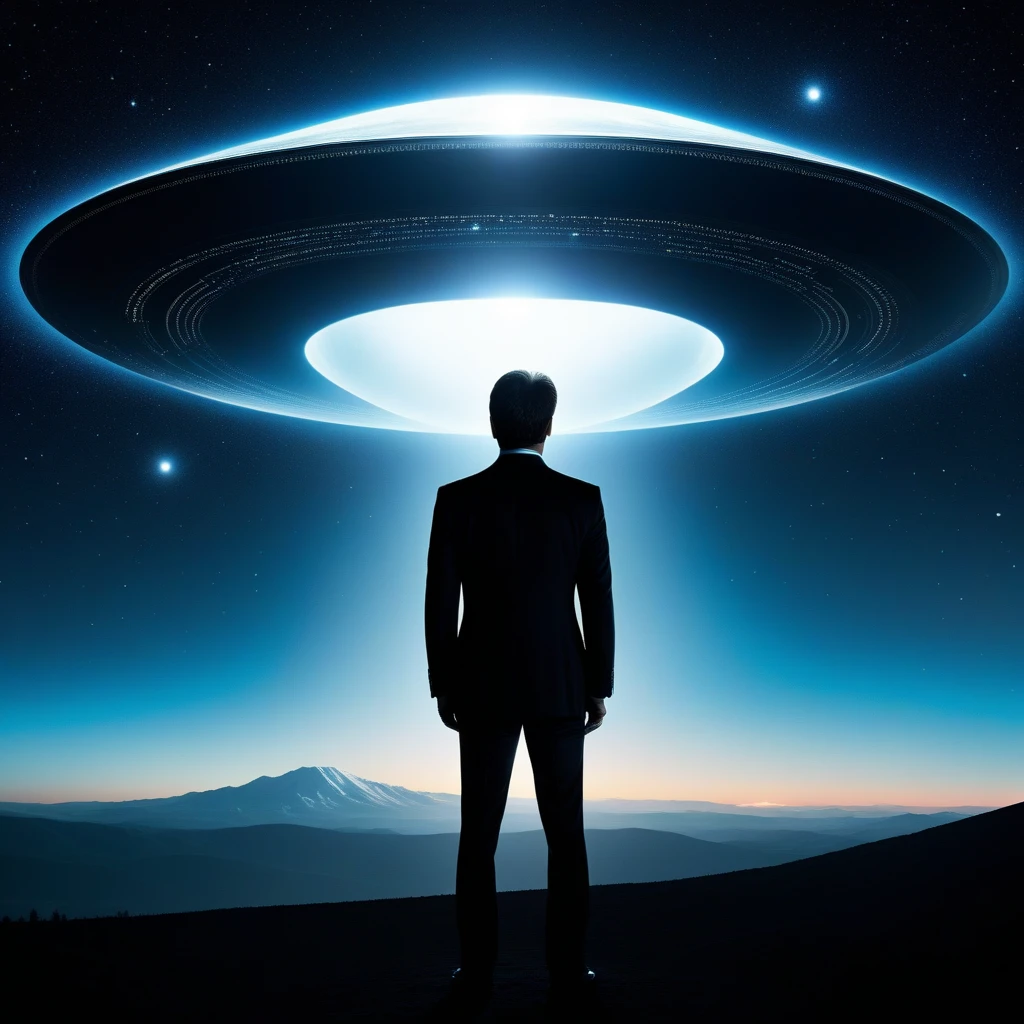 Unveil a surreal double-exposure artwork, featuring an enigmatic silhouette of David Duchovny as Mulder from The X-Files, his gaze piercing into infinity in the relative murk of darkness, contrasted by a colossal, pulsating UFO hovering on the horizon of a star-speckled night sky. Skillfully embedded within the expanse of this celestial spectacle are alien faces, their monst, with the caliber of 8k artistic photography. High Resolution, High Quality, Masterpiece. best quality, masterpiece, super detail