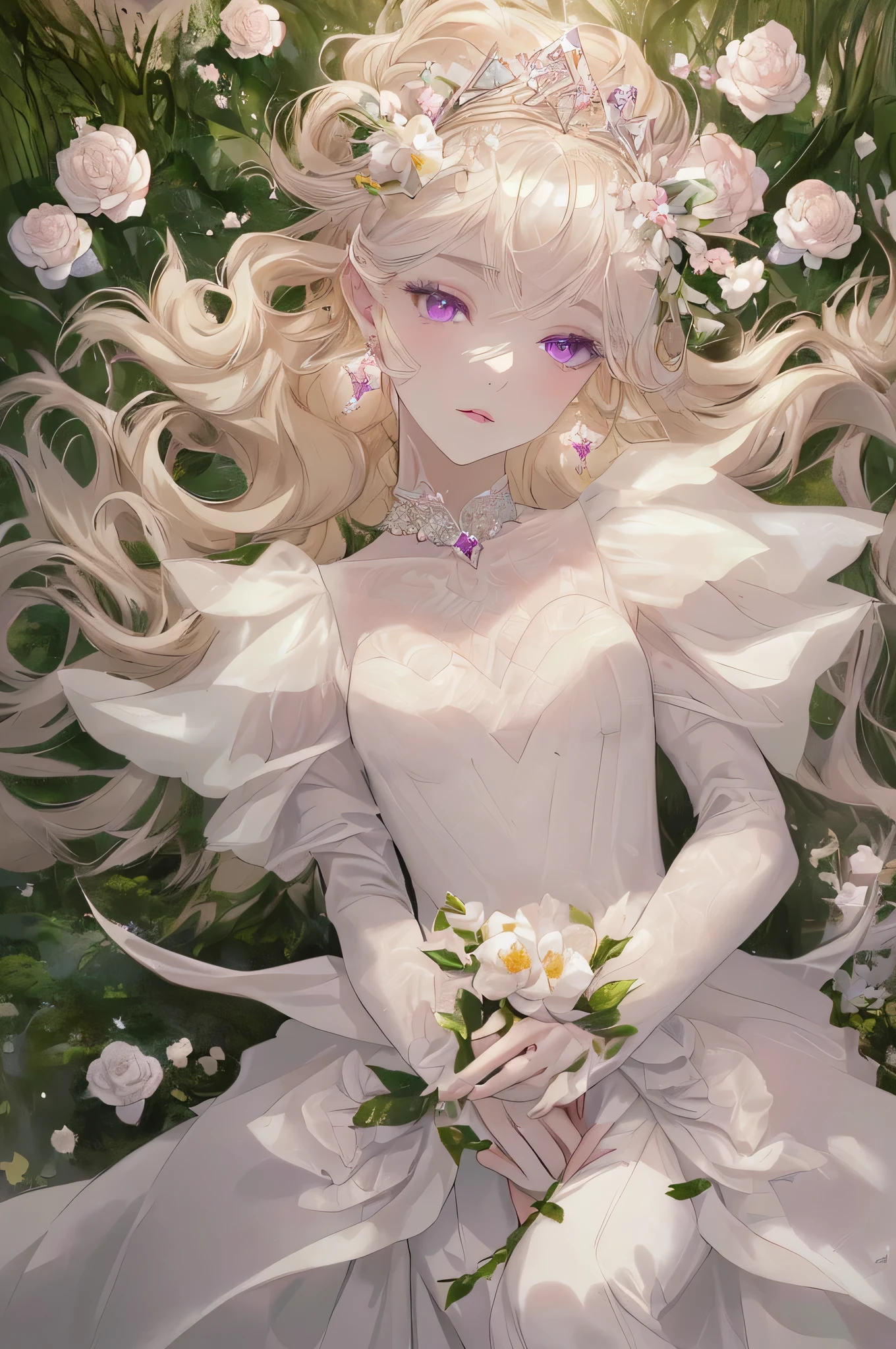 (highest quality, masterpiece, Super detailed, very detailed, exquisite, 16k,Full HD),dramatic lighting, warm lighting, soft lighting, environmental lighting,white background,From above,((head shot)),large amount of flowers,The entire screen is surrounded by flowers,in the forest,(Crystal Forest),(fairy princess, purple eyes, long eyelashes,white skin,slim,Pale pink lip,pale pink cheeks, blonde,thin and long,(thin and high nose,small nose),(腰の少しFrom above巨大な妖精の羽),diamond tiara,diamond earrings,Diamond Choker,white ball gown dress with diamonds, lace and ruffles, (fantasy, romantic atmosphere), magic light,