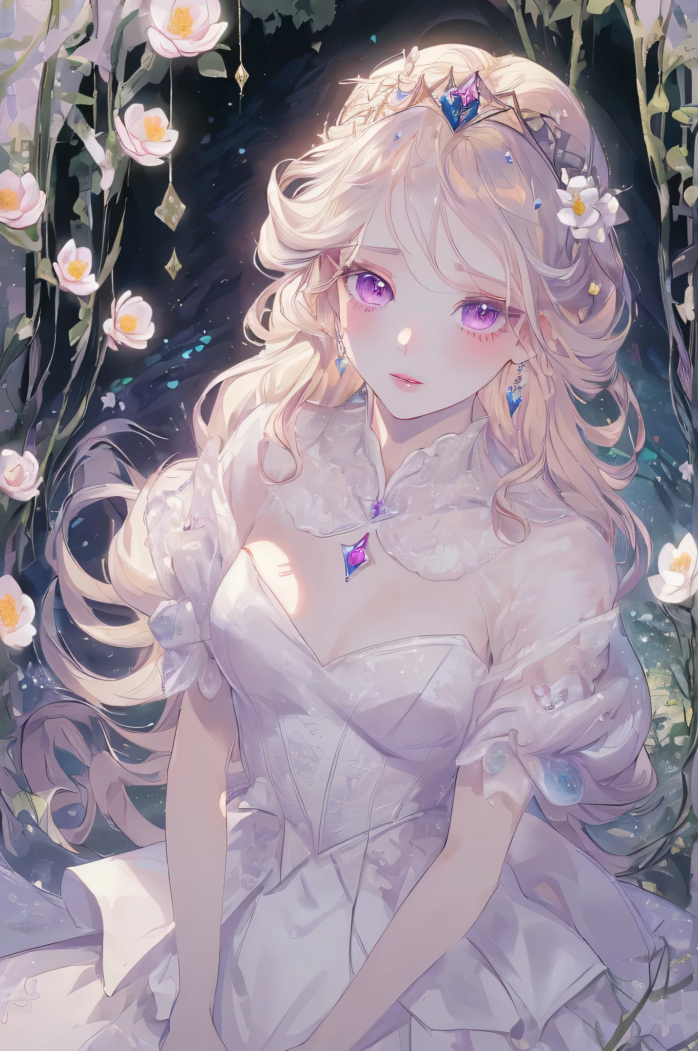 (highest quality, masterpiece, Super detailed, very detailed, exquisite, 16k,Full HD),dramatic lighting, warm lighting, soft lighting, environmental lighting,white background,From above,((head shot)),large amount of flowers,The entire screen is surrounded by flowers,in the forest,(Crystal Forest),(fairy princess, purple eyes, long eyelashes,white skin,slim,Pale pink lip,pale pink cheeks, blonde,thin and long,(thin and high nose,small nose),(腰の少しFrom above巨大な妖精の羽),diamond tiara,diamond earrings,Diamond Choker,white ball gown dress with diamonds, lace and ruffles, (fantasy, romantic atmosphere), magic light,
