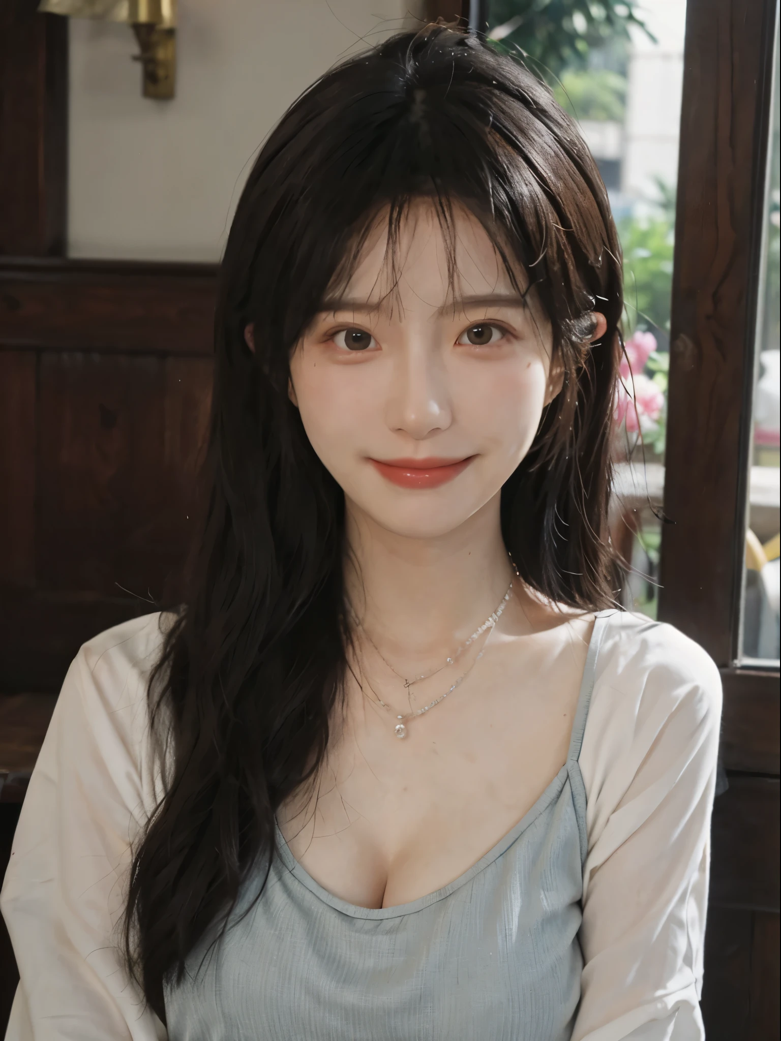 best quality， ultra high resolution， （realistically：1.4），cute hairpin，Baoyu Girl，European style apartment，（flat chest：1.2） ，A pair of clear and charming peach blossom eyes,Royal sister，The sun shines on the face，Big wavy hairstyle，（necklace：1.2），（White skin：1.4），a sense of atmosphere，a beautiful girl， Smile，looking directly at the viewer， Close-up cleavage ，(lifelike:1.4),1 girl,Sexy,(Upper body:1.4),(wet),(:1.2)