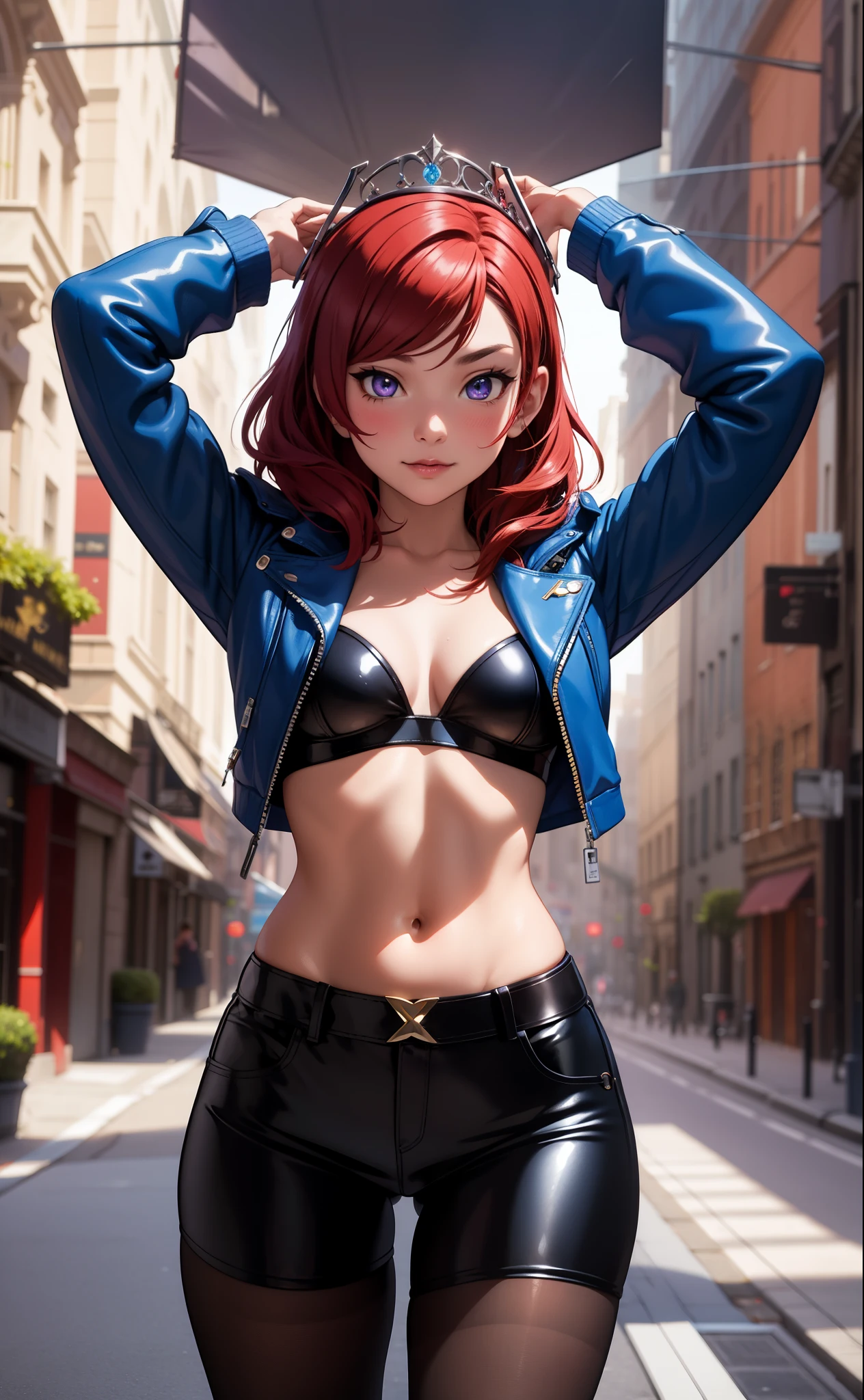 (Masterpiece, Best Quality, High Quality),facing viewer,volumetric lighting, illustration, beautiful, tight , Blushing, looking at viewer, blue leather bra top, blue leather small jacket, blue leather shorts,solo, posing for picture, seductive, perfect lighting, perfect shadows, nishikino maki, purple eyes,red hair, arms up behind head,tiara,in street