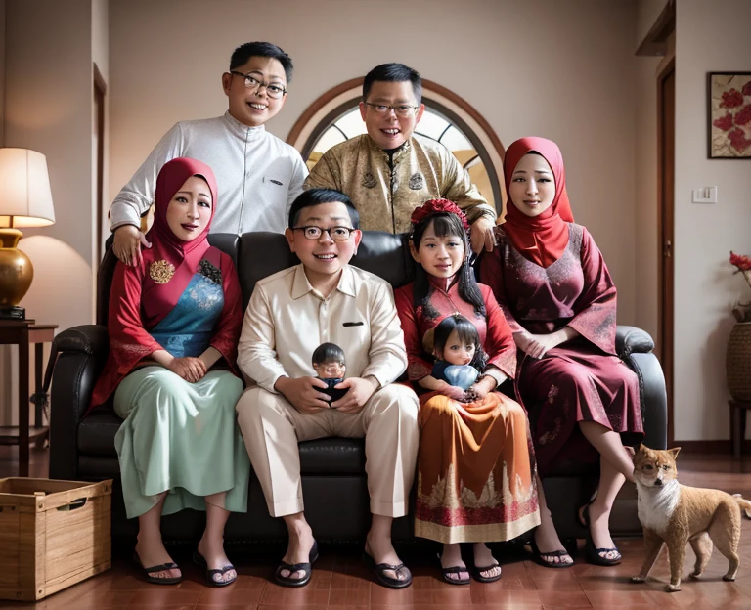 there are a group of people sitting on a couch together, an indonesian family portrait, barong family, portrait shot, group portraits, shot on canon eos r 5, shot on canon eos r5, family portrait, by Basuki Abdullah, family photography, malaysian, home photography portrait, happy family, taken with canon 5d mk4, taken at golden hour