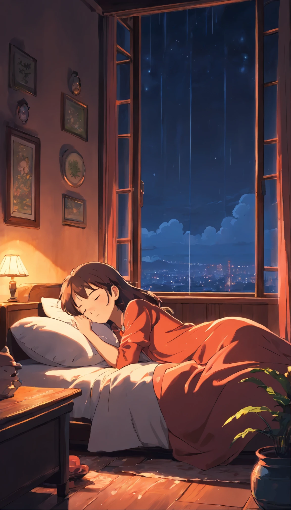 Girl sleeping in cozy room at night, It was raining outside the floor-to-ceiling windows,2D style animation, lo-fi, hard drive, Dark Medium