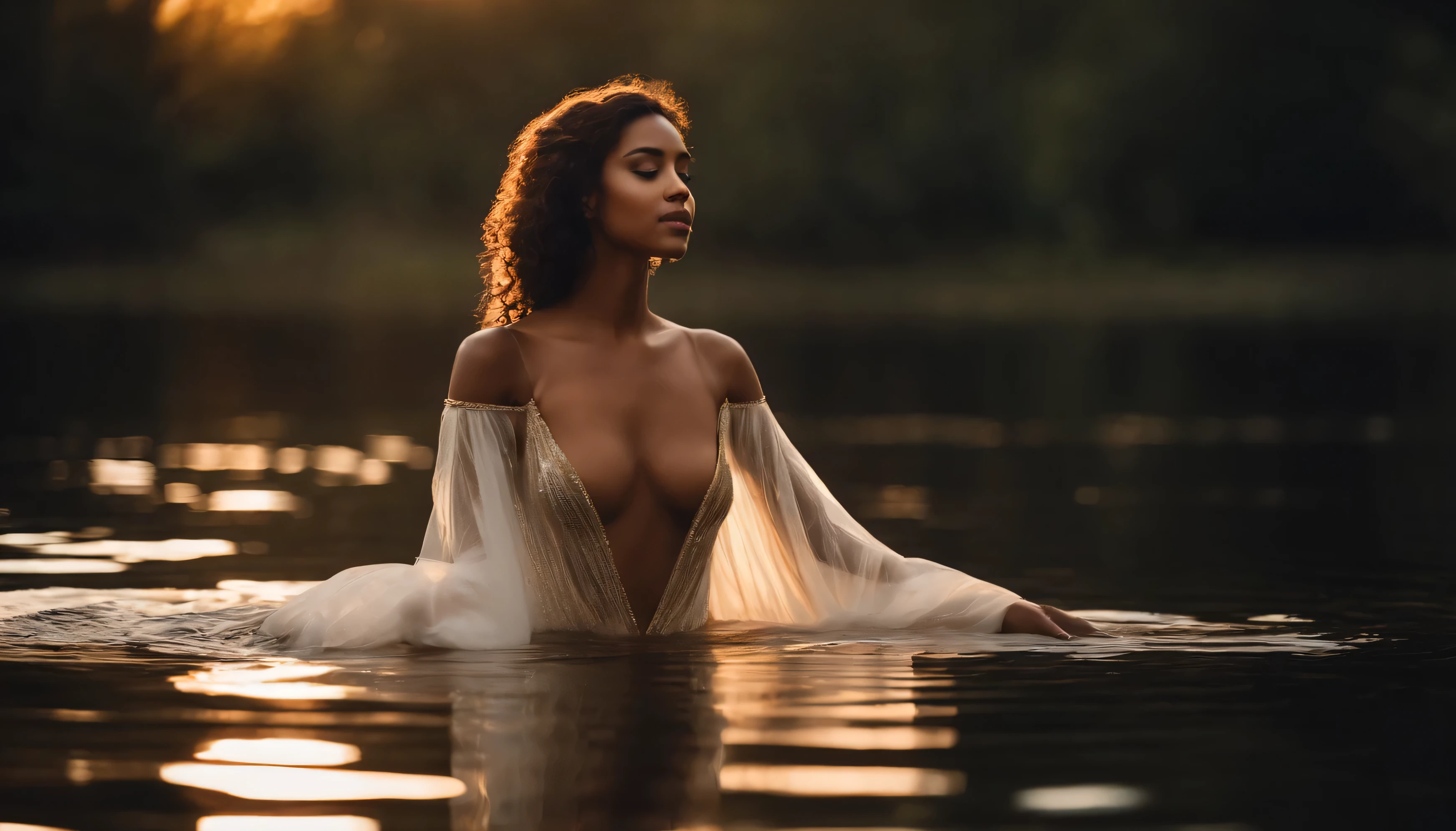 A stunningly beautiful brown-skinned girl stands serene in the middle of the river flow, her curves accentuated by the gentle caress of the water. Have Angels' wings, adorned with iridescent feathers, sprawl majestically on her shoulders, their ethereal glow illuminating the surrounding area. Her short, curly hair cascades down her back, catching the soft moonlight and shimmering like strands of spun gold. Her breasts, full and beautifully formed, are partially covered by a transparent dress that clings to her body, revealing her perfect figure. The moonlight dances on her skin, highlighting every curve and contour, her complexion radiating with a natural