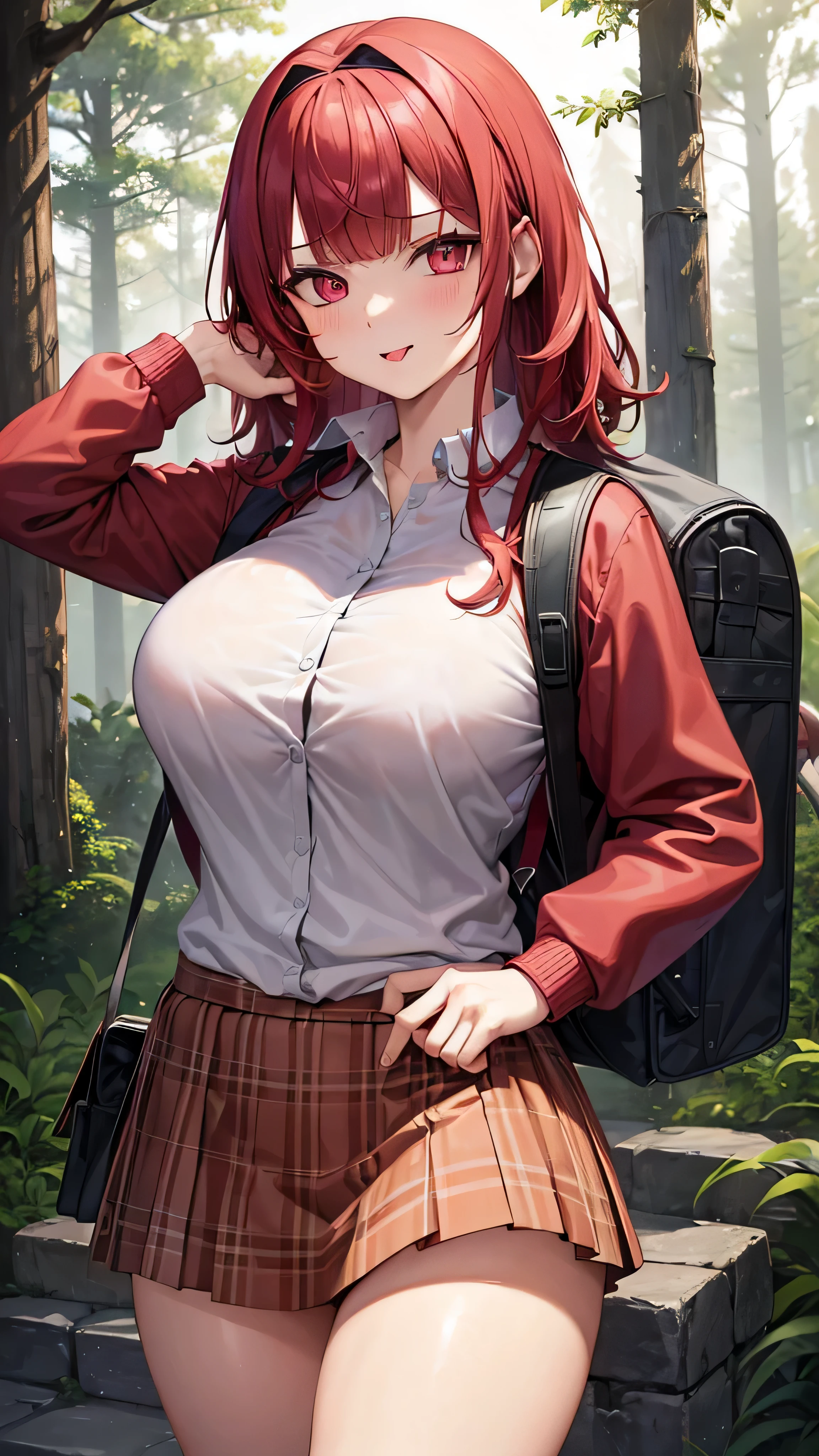 ((Masterpiece, high quality)), 1girl, red hair, hair vent, messy hair, blunt bangs, pink eyes, large breasts, thick thighs, jacket, hairband, short skirt, at forest, night time, sticking out tongue, seductive face, naughty look, carrying a backpack, holding a stick, on front of camp, eerie vibes