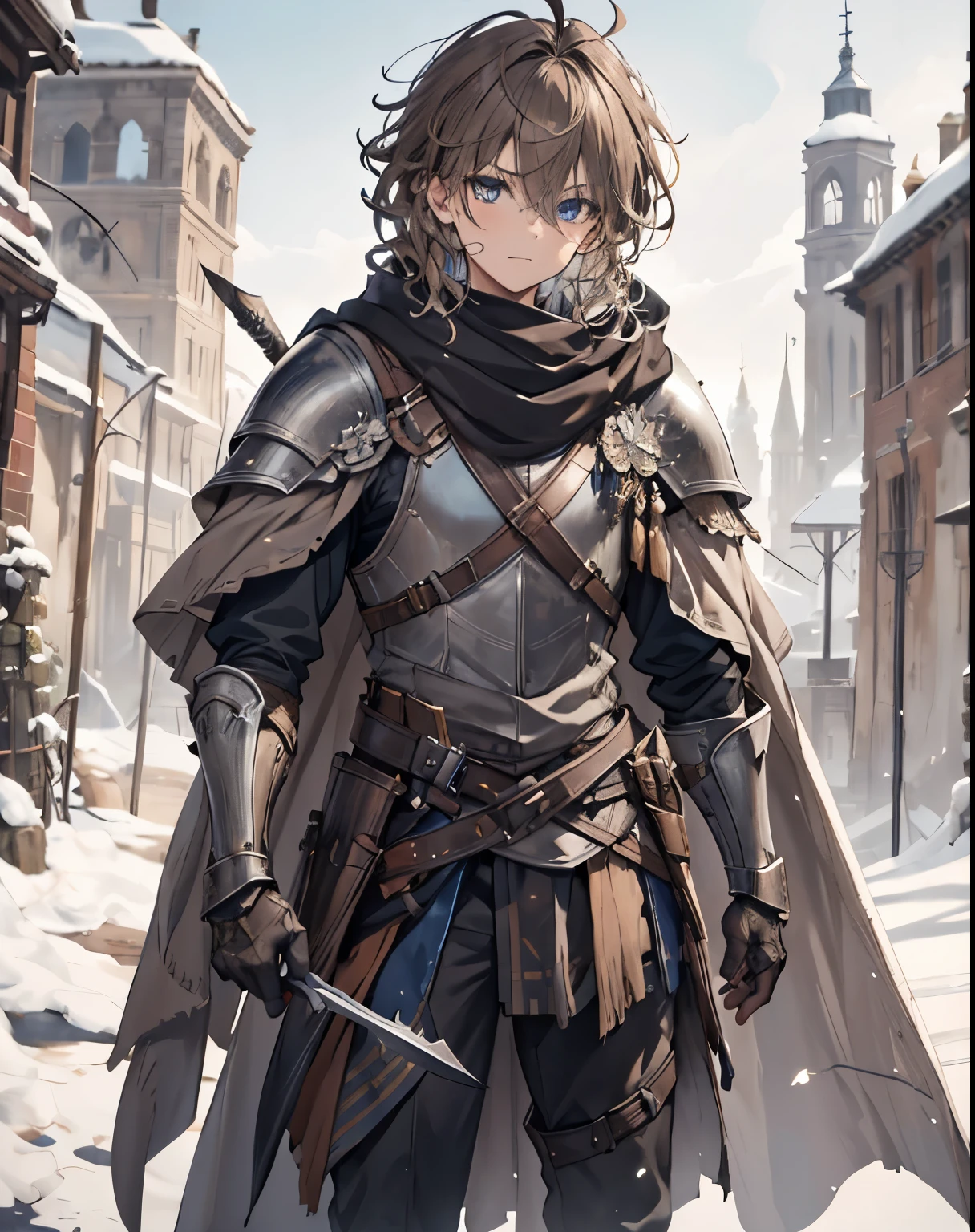 masterpiece, 1men, sparrow, a brown haired men, wearing a black medieval armored knight, curly medium hair, messy hair, slim body, wearing knight clothes, he close her left eye, shirt ornament, mad expression, blue eyes, stand at snowy forest, ahoge, grey vest, baby face, shawl, full armor, bring big shield in his back, beautiful eyes