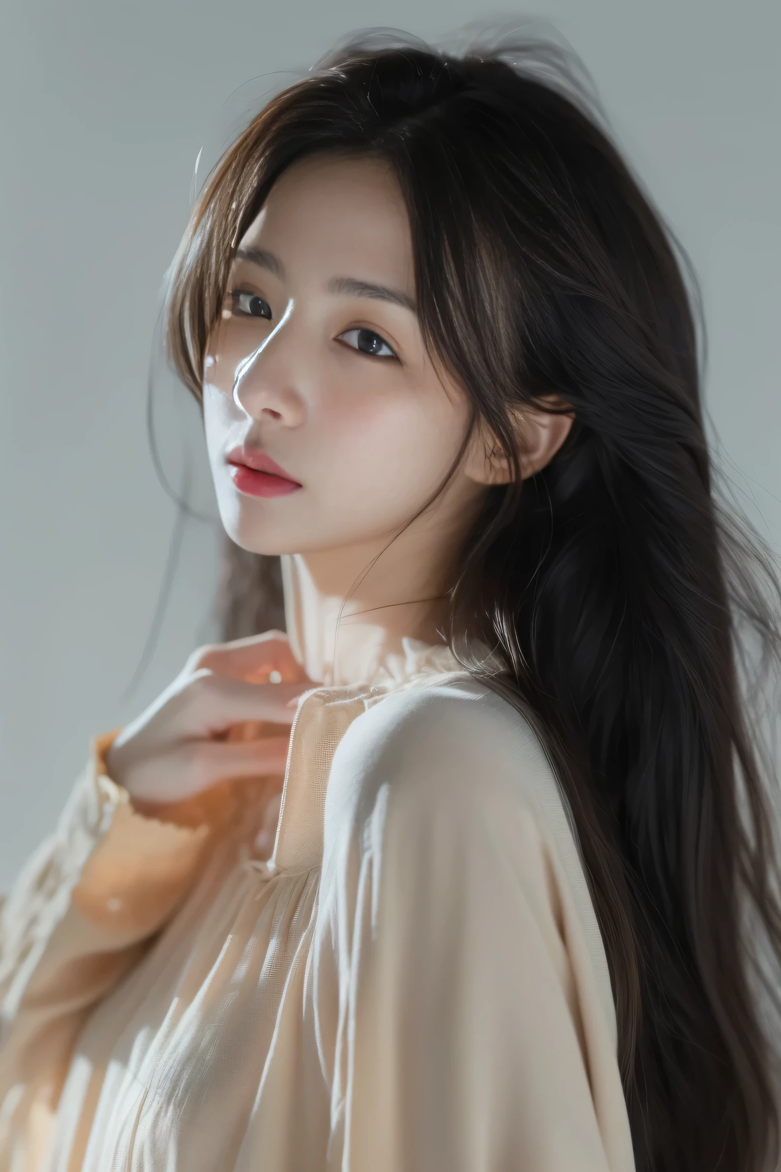 realistic pictures, long hairの台湾人女性 ,レースドレスhighest quality、8K、32k、masterpiece、nffsw:1.3)、Japanese style room、Don'don't look at the camera、pictures of japanese women、(elegant 40 year old)、delicate、long hair、(black hair, Disheveled long hair, messy hair)、Upper body、surface focus、simple necklace、simple background、From above、avoid your eyes 4、(8K、Raw photo、highest quality、masterpiece:1.3)、(realistic、Photoreal:1.37)、1 mature woman、(mature woman)、Natural light、photon mapping、Physically based rendering、excellent image quality、High resolution、1080p、(cute face)、(Detailed facial description)、(Detailed explanation of handsetter'muscle part)、(Detailed CG)、 masterpiece、Rich details、(exquisite features)、(best image quality)、(masterpiece)、(detailed eye)、delicateな鎖骨、various poses、profile、((long sleeve dress))
