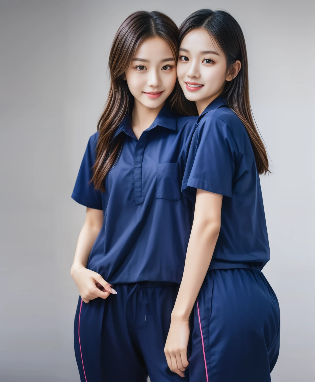 (best quality,10,10,height,Masterpiece:1.2),Special details,(realistic,ภาพrealistic,Realistic photos:1.37),1 Cute girl in the kitchen,shiny, ผิวshiny,only,smile softly,BDclothelue shirt:1.3)),short sleeve,shirt, กางเกงขาlong.,(navy_long_track pants:1.1), ((Kitchen Background)),Dynamic angle,excited,Face focus,dynamic poses,from behind,focus on ass,Masterpiece, best quality, ultra realistic, Too many details, 8k resolution, raw photos, Sharp focus, ((Navy blue shirt:1.1)), short sleeve, เส้นทางlong, perfect body, 2 mature women, 18 years old, Cinema-grade lighting system,blue sweatpants,shirtผ้าออกกำลังกาย,correct anatomy,perfect body, correct body, Sharp face, correct bodyทางกายวิภาค, full body, realistic gestures, long-haired, realistic poses,Wear long shorts...........................,ช่วงขาlong,Good shape,carved girl, Slender figure, model, Good shape, beautiful body,blue sweatpants, two girls kissing