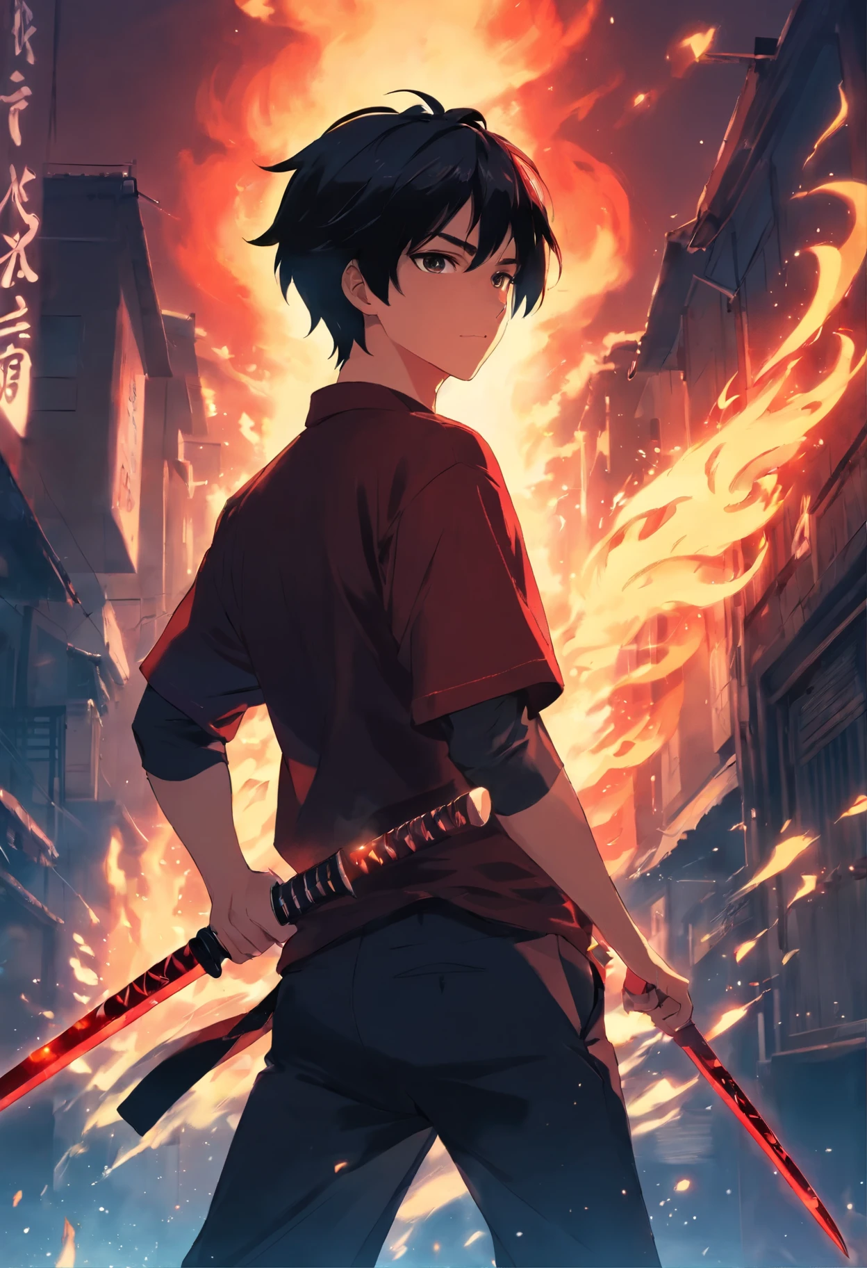Man ,black hair, red katana, red flames, dark, dark weapon, dark particle,Black shirt, black pants