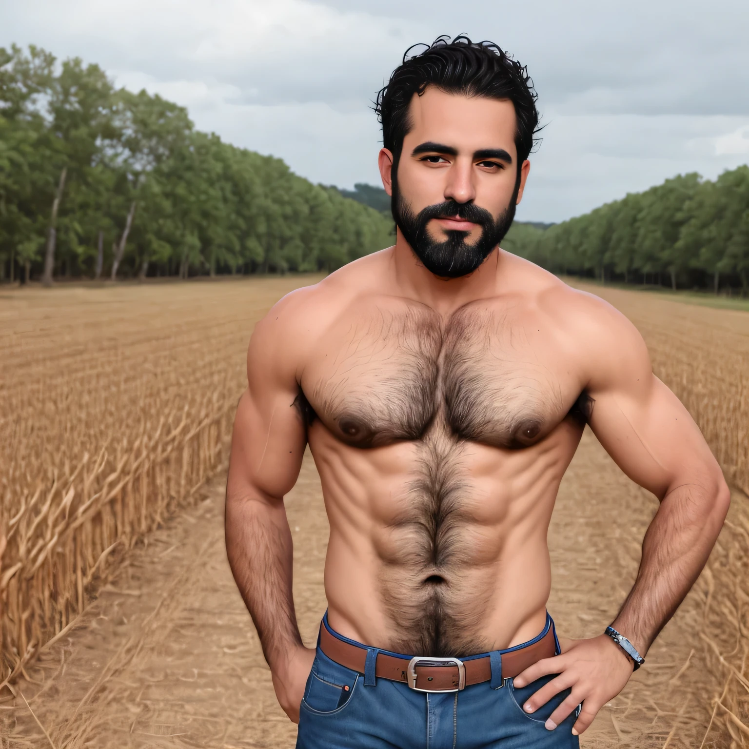 barbado, Shirtless man standing in front of a cornfield, pantalones vaqueros, Super buff y genial, pecho peludo y cuerpo peludo, pecho peludo, Pelo en el pecho, 30 year old man.