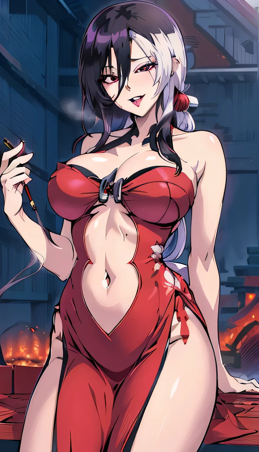 akeginu, masterpiece,best quality, highres,absurdres, intricate details,highly detailed skin, 1girl, solo, black hair, black makeup, lipstick, red kimono, long hair, hair over one eye, large breasts, red lips, (movie composition), amazing composition, depth of field, indirect lighting, ambient lighting, , (dynamic colors), (sexy expression), evil grin, smoking cigarette, cigarette, ,sexual expression, masterpiece, best quality, highly detailed, a anime girls in long dress with navel cutout posing for a picture, evil smile, smile, open mouth, (nsfw) not safe for work, revealing dress, beautiful dress center opening , long dress with bellybutton showing, ecchi anime style, anime girls, ecchi style, ecchi, digital anime art!!, in anime style, official artwork, visual novel cg, beautiful anime girl, anime style 4 k, exposed navel, exposed bellybutton