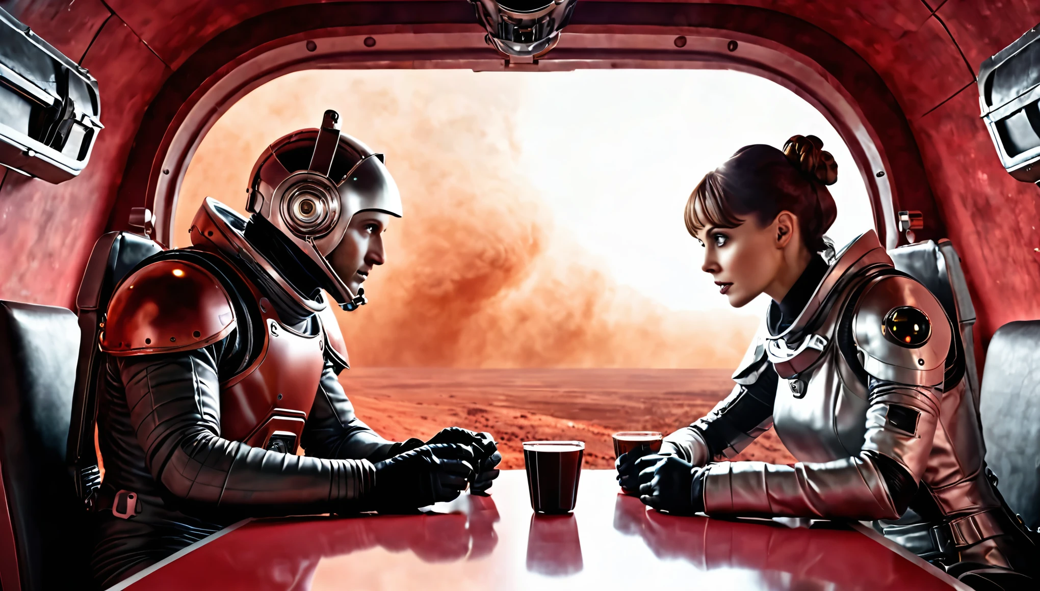 cinematic scene, hiperrealism, view from the side, a man and a woman in space suits are sitting opposite each other in the starship buffet at a table on which there is food and drinks, their tense faces express love and hope, war, a mystical Martian city in the steampunk style is visible, even further away unusual inhabitants, a mystical environment, sky shrouded in red dust and black smoke, realistic photo, ultra-detailed backgrounds, ultra-high resolution, ultra-high quality.