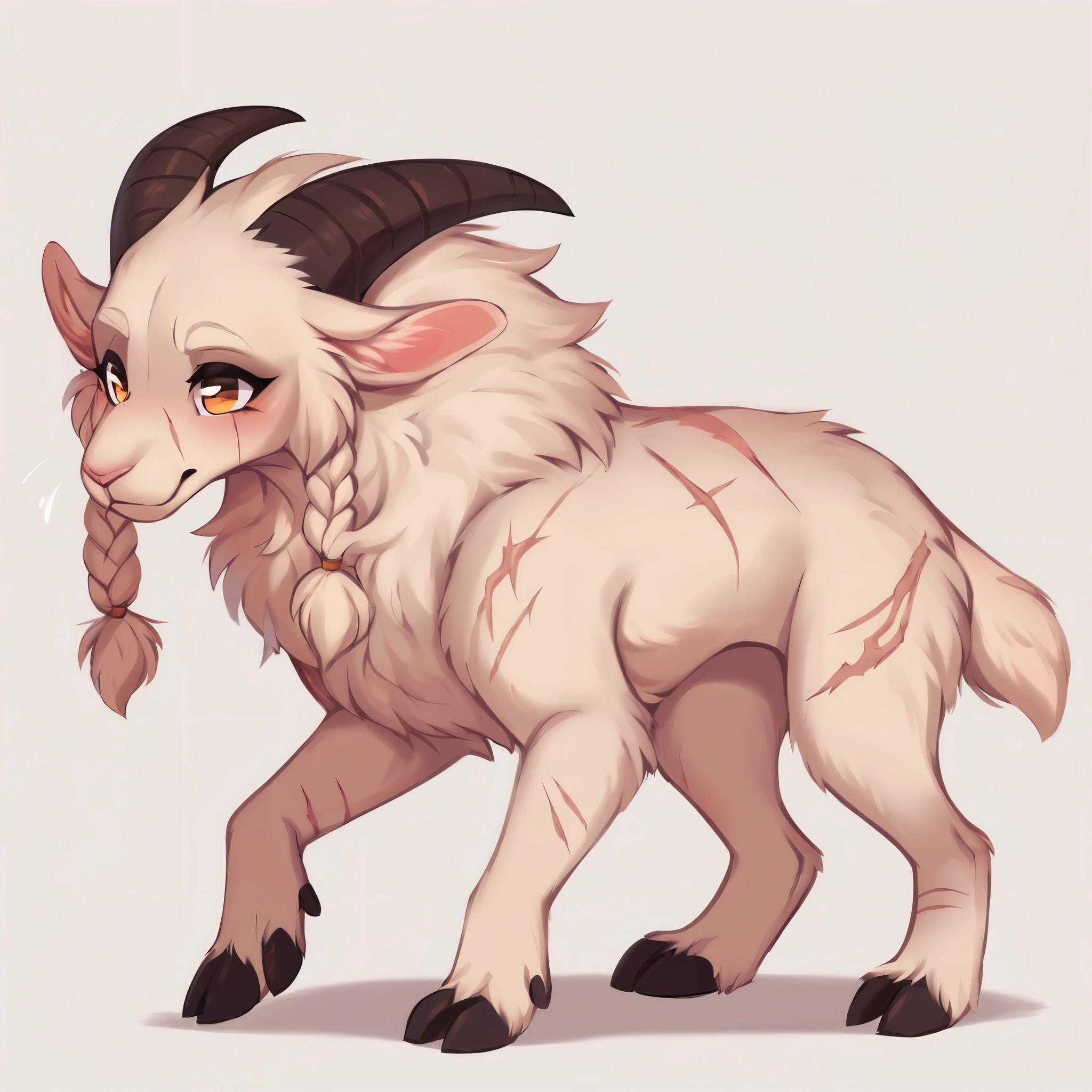 score_9, score_8_up, score_7_up, score_6_up, score_5_up, score_4_up, show accurate, full body, simple background, feral goat, female goat, white fur, albino fur, single color fur, teenage goat, adorable face, goat horns, goat pupil, golden eyes, tender look, loving look, mane covering the neck, mane on the back of the neck, small braids in her hair and mane, braids of the same size, standing on all fours, scars all body, long scars, scars on the face,