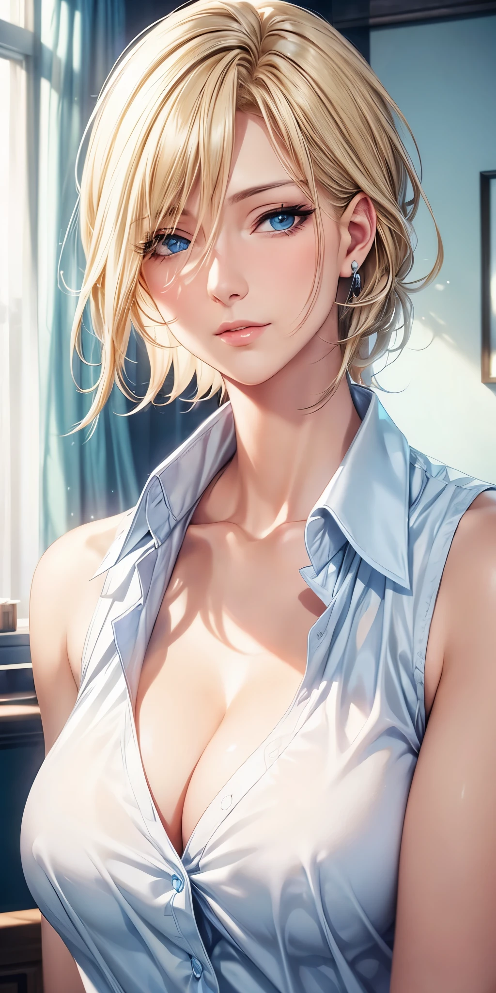 portrait, realistic, elegant woman, blue eyes, blonde hair, 4k resolution, ultra detailed cg, beautiful cg, soft light