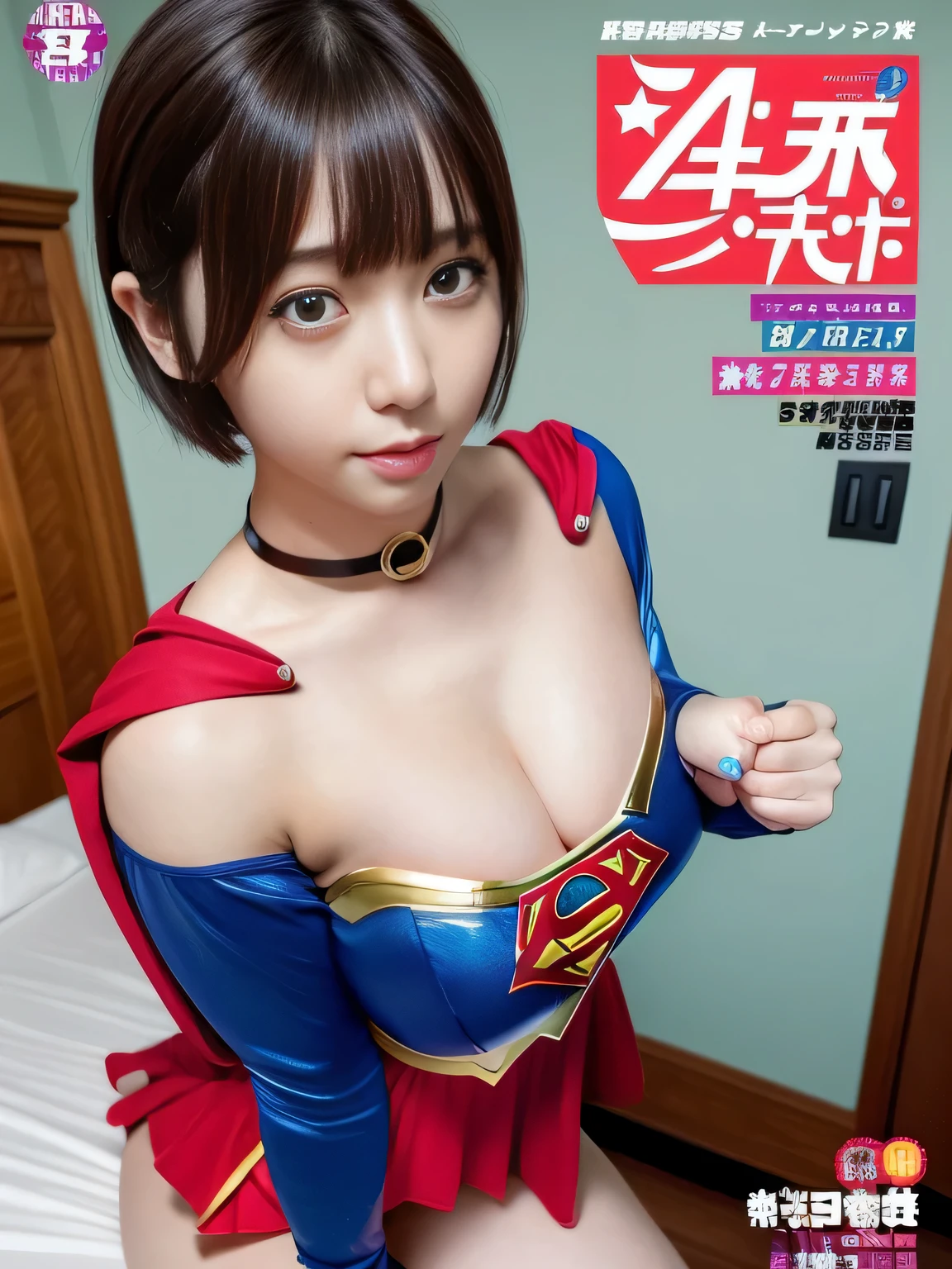 masterpiece、supergirl costume、short hair、barefoot、big and full breasts、district、masturbating in bed、sexy pose、athlete、shiny、looking at camera、Seduce、choker、long sleeve、red mini skirt、Weekly magazine cover、Sculpture Magazines、sweaty、radical、