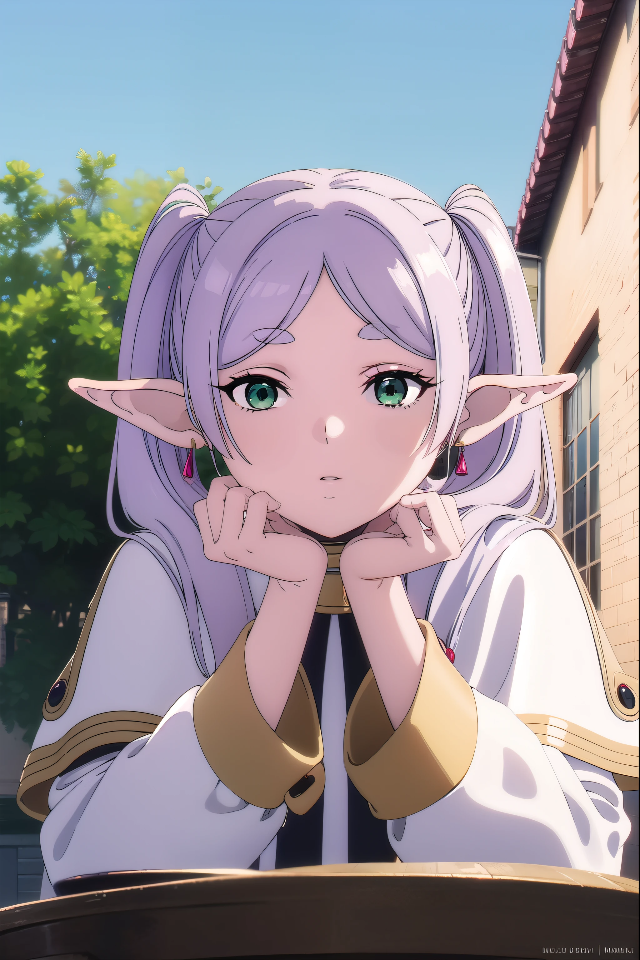 Anime girl with purple hair and green eyes sitting at a table - SeaArt AI