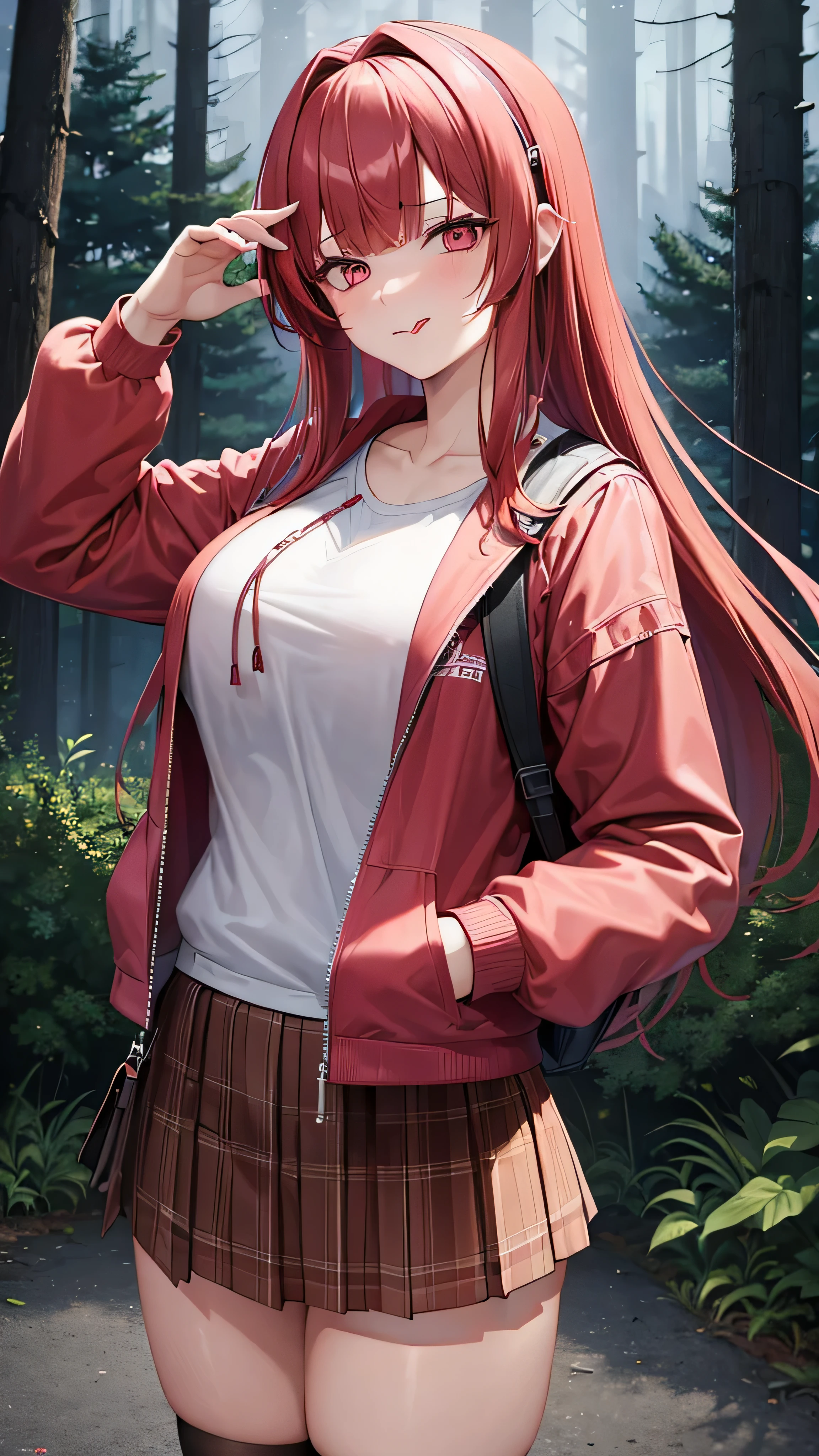 ((Masterpiece, high quality)), 1girl, red hair, hair vent, messy hair, blunt bangs, pink eyes, large breasts, thick thighs, jacket, hairband, short skirt, at forest, night time, sticking out tongue, seductive face, naughty look, carrying a backpack, holding a stick, on front of camp, eerie vibes