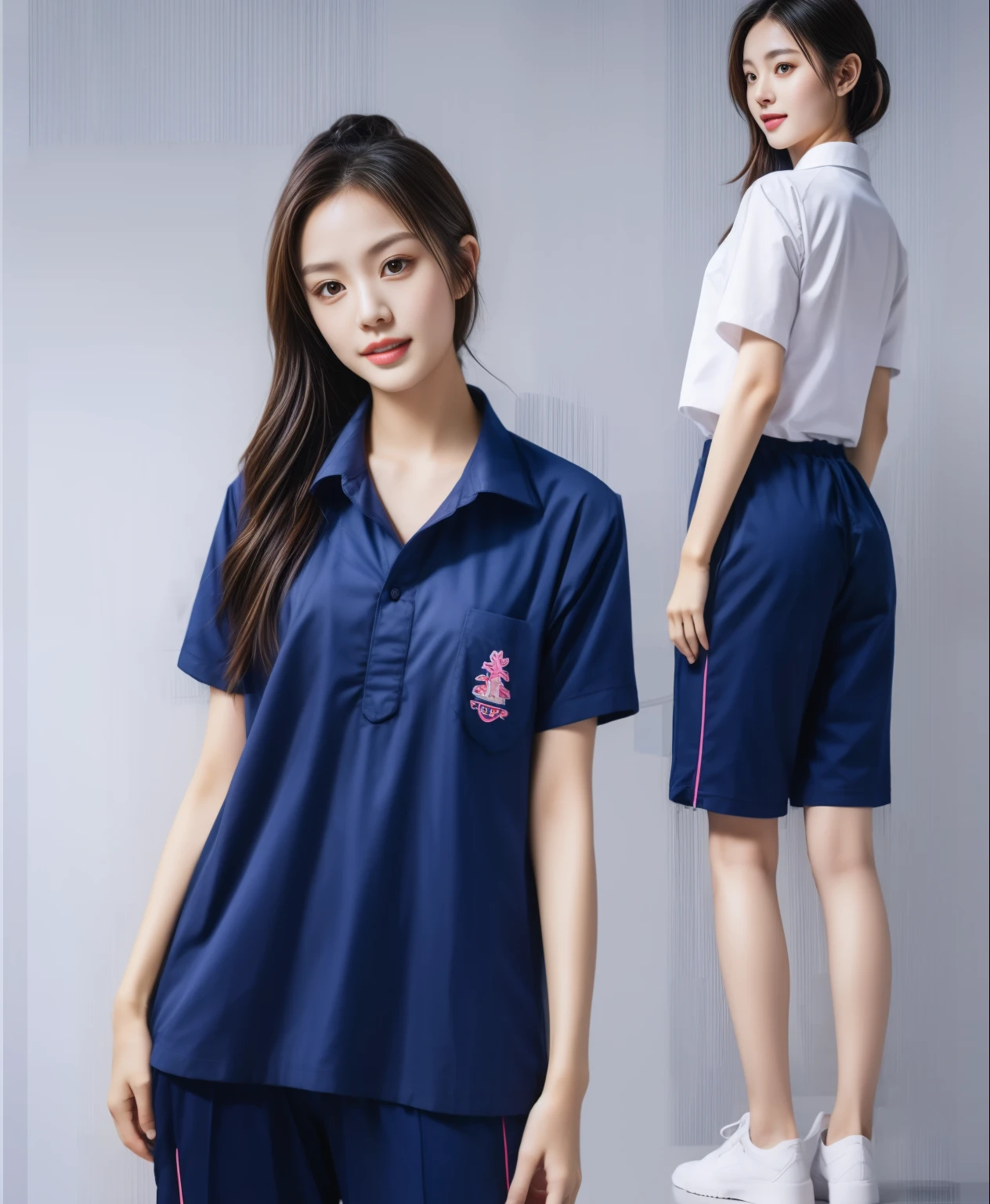 (best quality,10,10,height,Masterpiece:1.2),Special details,(realistic,ภาพrealistic,Realistic photos:1.37),1 Cute girl in the kitchen,shiny, ผิวshiny,only,smile softly,BDclothelue shirt:1.3)),short sleeve,shirt, กางเกงขาlong.,(navy_long_track pants:1.1), ((Kitchen Background)),Dynamic angle,excited,Face focus,dynamic poses,from behind,focus on ass,Masterpiece, best quality, ultra realistic, Too many details, 8k resolution, raw photos, Sharp focus, ((Navy blue shirt:1.1)), short sleeve, เส้นทางlong, perfect body, 2 mature women, 18 years old, Cinema-grade lighting system,blue sweatpants,shirtผ้าออกกำลังกาย,correct anatomy,perfect body, correct body, Sharp face, correct bodyทางกายวิภาค, full body, realistic gestures, long-haired, realistic poses,Wear long shorts...........................,ช่วงขาlong,Good shape,carved girl, Slender figure, model, Good shape, beautiful body,blue sweatpants, two girls kissing