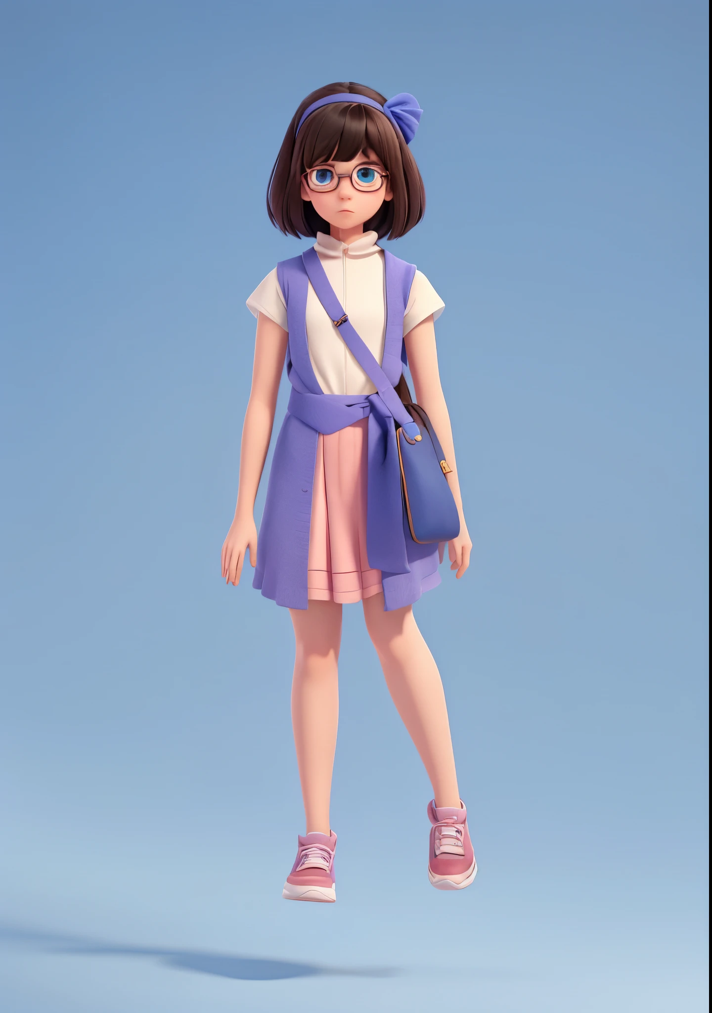 pixar cartoon style, disney style, 3d rendered, a cute young girl, lolita, flat chest, casual clothes, dark short hair with bangs, glasses, ribbon headband, cardigan, turtle neck blouse, (leggings), shoes, shawl belt ariund her hips, crossbody bag, pissed expression
