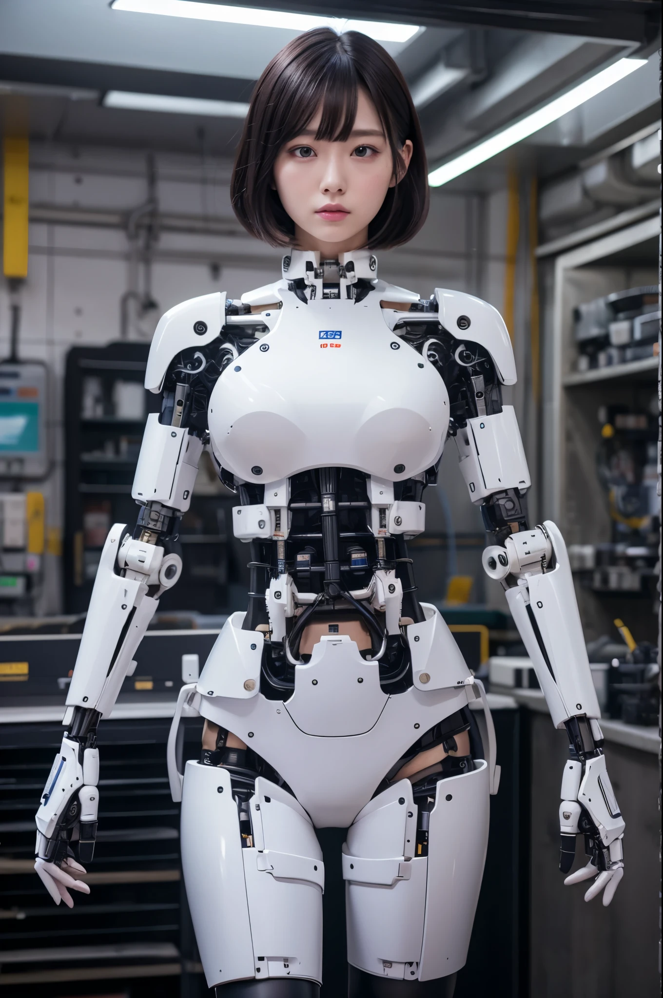 masterpiece, best quality, extremely detailed, 8k portrait, Japaese android Girl,Plump,control panels,android,Droid,Mechanical Hand, Robot arms and legs, Black Robot Parts,Black hair,Mechanical body,Blunt bangs,White robotics parts,perfect robot woman,future laboratory,cyber pank,charging spot,laboratory,long tube,thick cable connected her neck,ceramic body ,perfect mechanical body, white robot body,android,robot humanoid,black sponge joints,The removable cover is in the groin,The connection port is in the groin,white machine body,white robot body,She has repaired,assembly plant,miniskirt,leather boots,（blue eyes:1.5）
