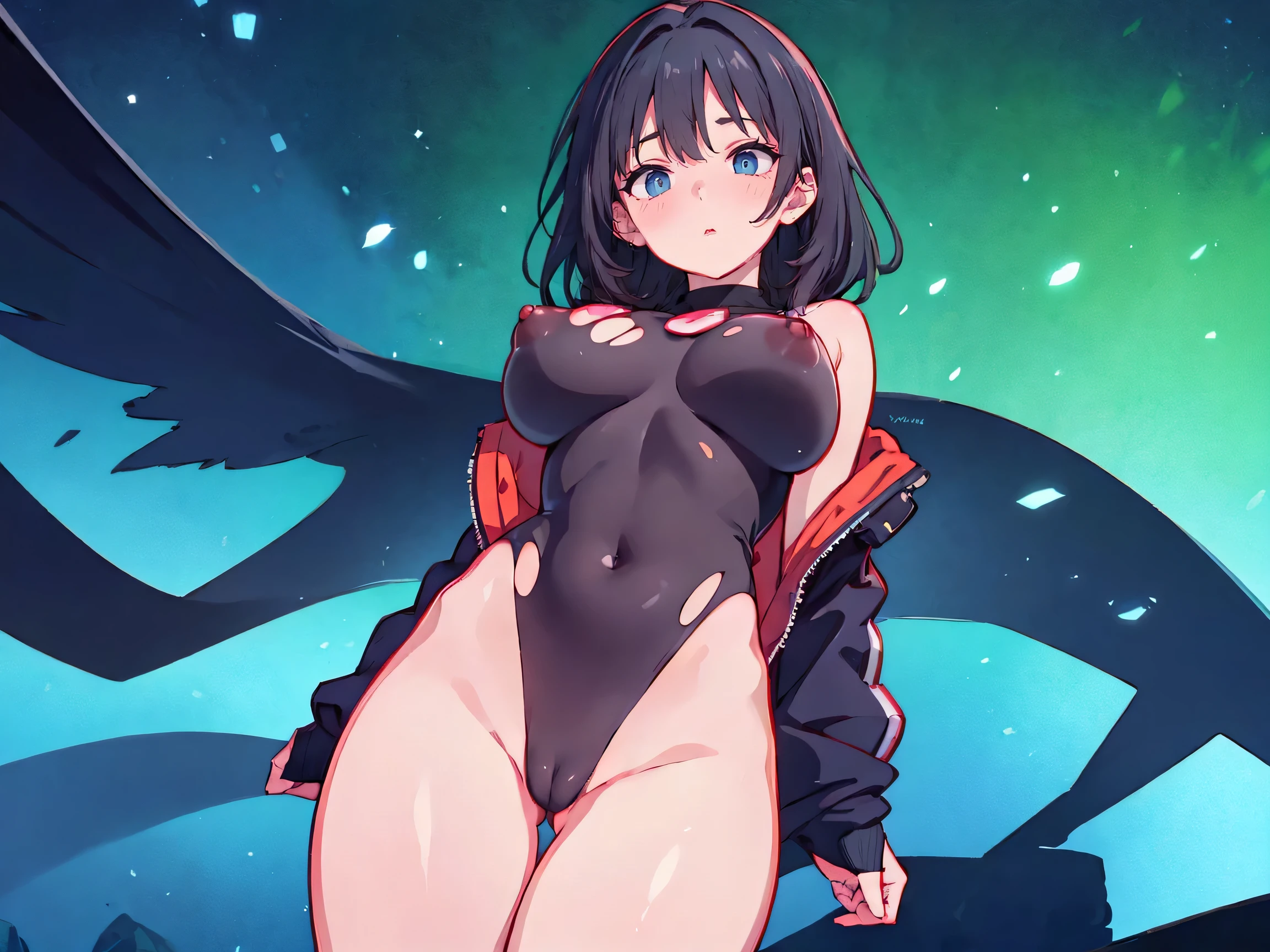 masterpiece, highest quality, 1 girl, looking at the viewer, blue eyes, closed mouth, (Urgent 1:0.7) ,black hair、(masterpiece),(highest quality:1.0), (ultra high resolution:1.0), Detail view, 8K, anime, masterpiece、provocative look very big breasts Fair skin very fine eyes show off your chest、,swaying chest, upper thigh、highest qualityの詳細な目,Tight-fitting clothes that highlight her perfect body ,A torn body suit grazes my chest, crush and transform、Beautiful shining nipples、Sunny steppe、