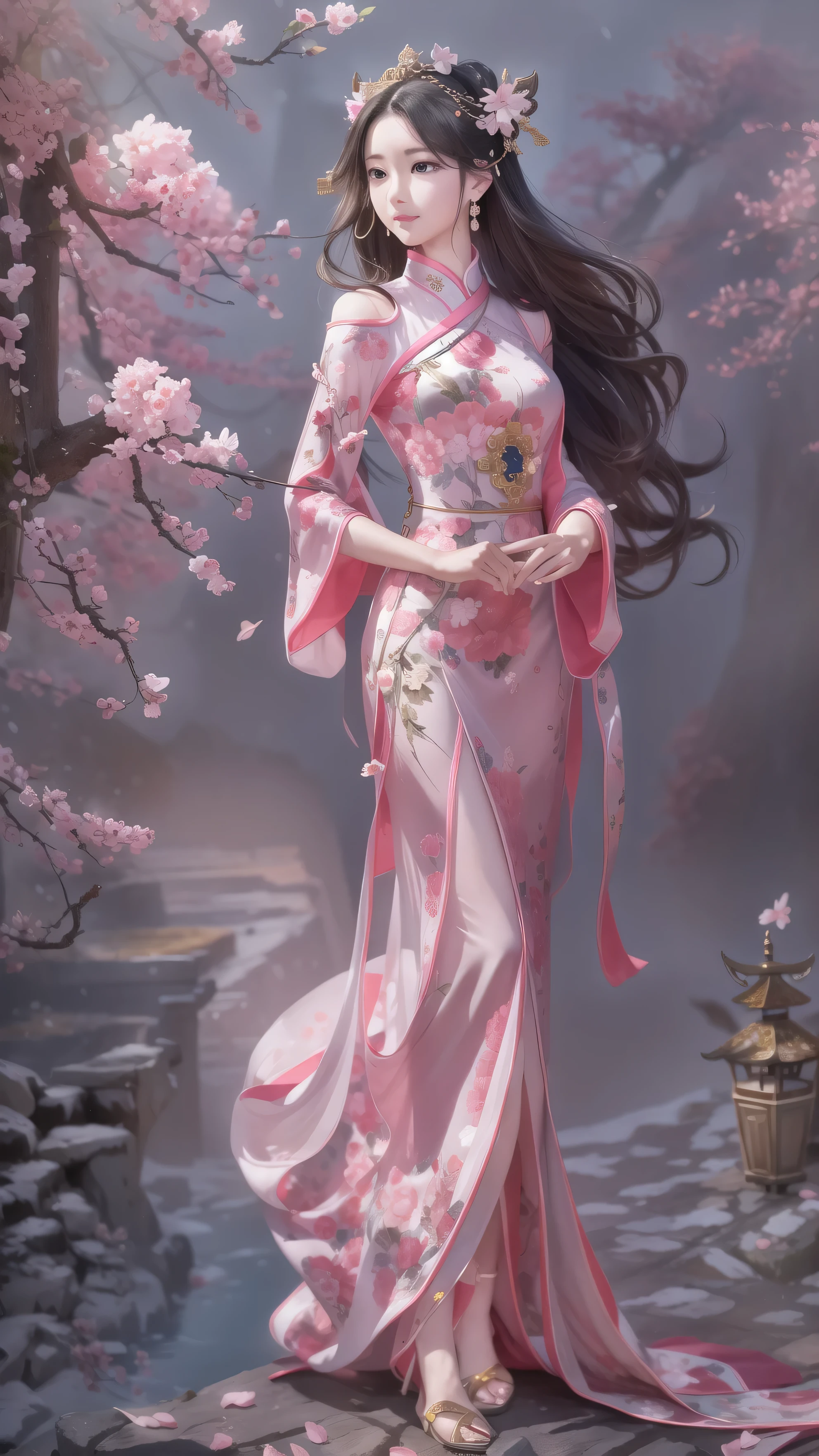 Girl wearing pink antique long cheongsam，Turn head 45 degrees to the left，look directly，The face is very delicate，Body slightly to the right，The left foot is in front，The right foot is behind，Hands together，black curly hair，Style reference Jian Wang Love 3，ethnic style, Antique and classical style, Beautiful mage, The background is a split-level loft，Cherry blossoms bloom next to it，Underfoot is a stone floor，Behind are stone steps，Design and clothing sources: King of Glory Zhen Ji&#39;s Garden Dream，Source of inspiration Song Maojin，elegant numbers, Beautiful full body concept art, Beautiful digital artwork, Flowing cherry blossom colored silk, Chen Lin, Rob Ray and Kentaro Miura style, inspired by Fenghua Zhong, by Qu Leilei, author：Lengmei, author：Li Song