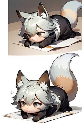 (((Animals,white monster, An illustration, Chibi))), (Sad face, Animals, fox head, wolf carcass, owl back wing, tail snake, four legs)