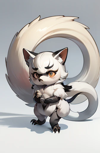 (((Animals,white monster, An illustration, Chibi))), (Sad face, Animals, fox head, wolf carcass, owl back wing, tail snake, four legs)