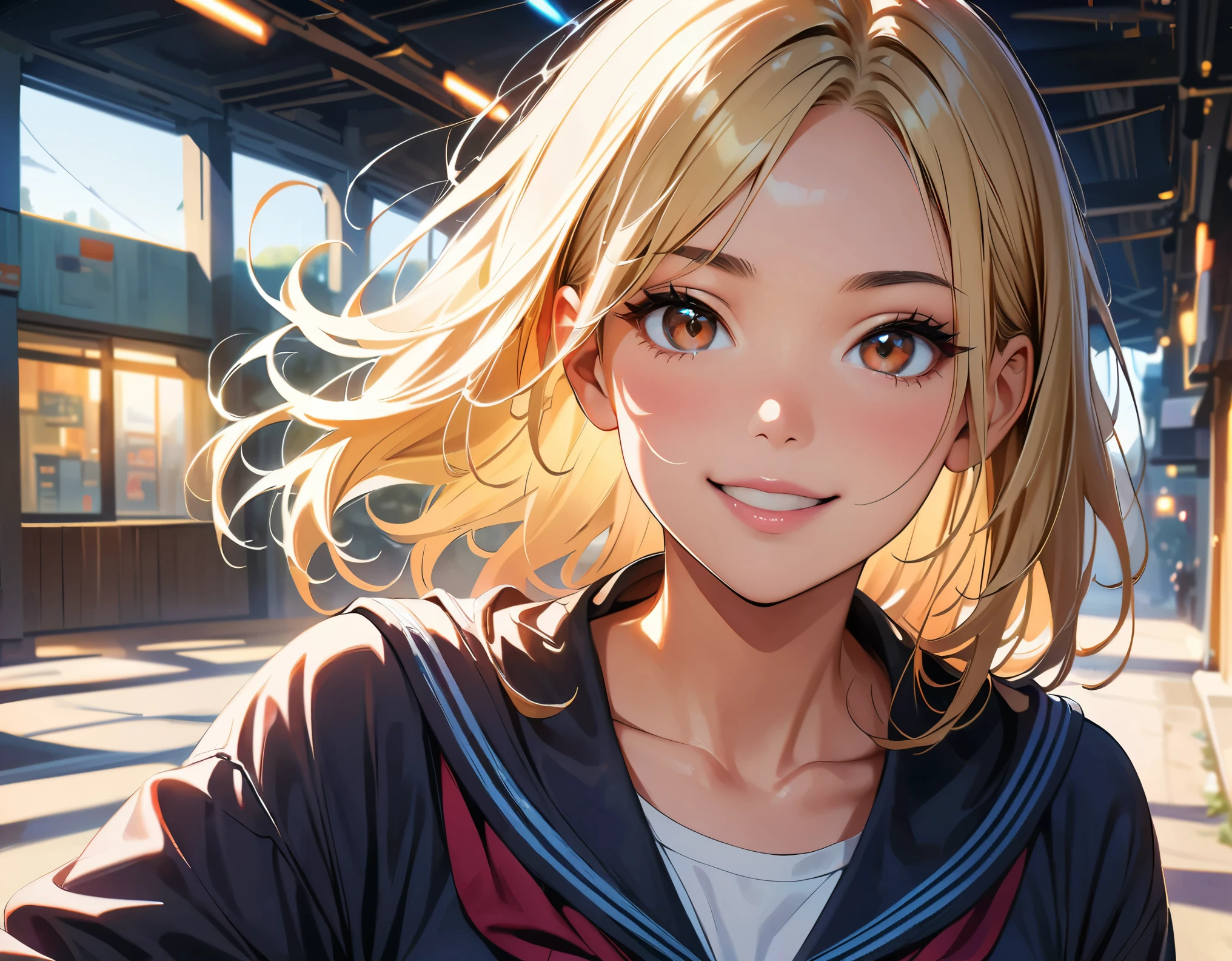 (highest quality, 4k, High resolution, masterpiece:1.2), Super detailed, (real, photorealistic:1.37), cinematic light, Bright colors and mesmerizing effects, Soft and delicate lighting, gentle shine, Lens flare, Beautiful and gentle atmosphere throughout the scene, 1 woman, JK, (blonde, long straight, reddish brown eyes), happy expression, Super detailedな顔, lip details, (detailed eyes), double eyelid, (turn around, stick out your butt:1.5), black socks, cowboy shot, school uniform, girls , shiny skin, perfect fingers, five fingers, anatomically correct, background bokeh, 500㎜, f/4, photo shoot,